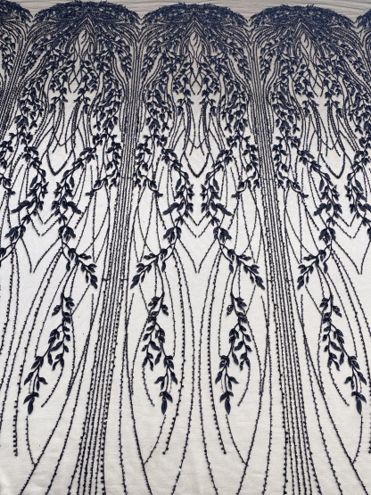 Black Leaf Lace Fabric, Soft Beaded Floral Embroidery with 3D Leaves on Mesh for Gowns, Veils, Evening Dresses, Couture DIY