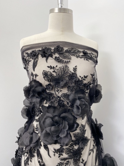 Black 3D Floral Embroidery Lace Fabric With Pearls, Soft Tulle lace For Wedding gown, Evening Dresses, Prom-Dress By The Yard