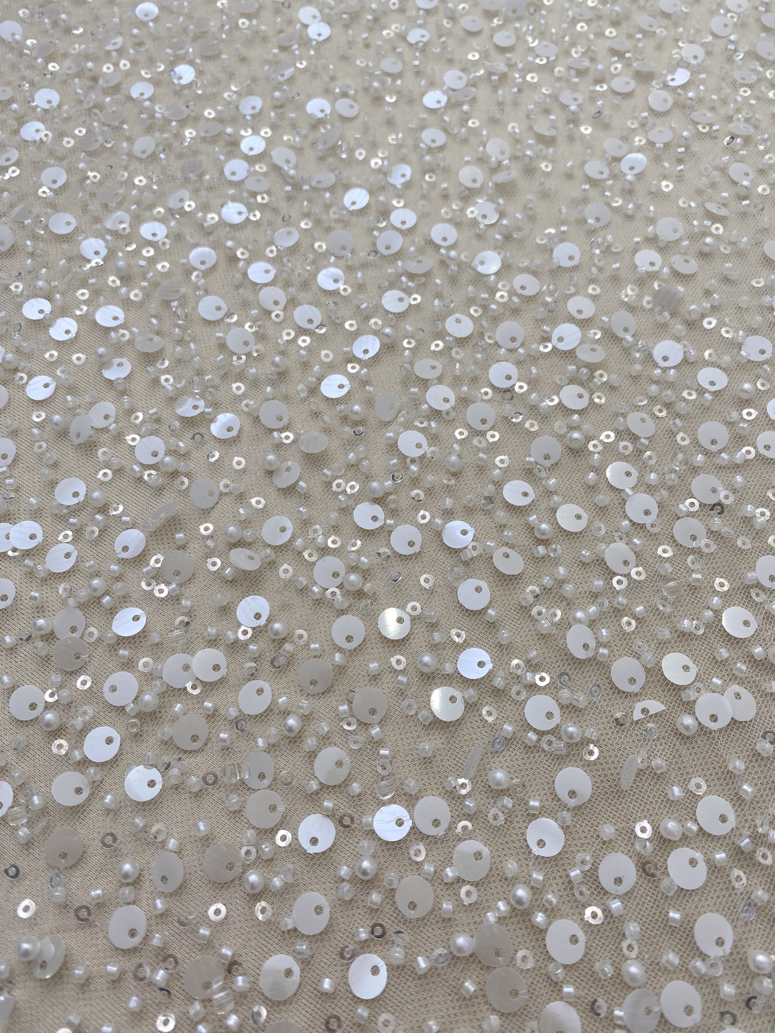 Beads and Sequined Tulle Fabric, Off-White Sequined Bridal Mesh Lace Fabric for Wedding Dress Veil Bridal Gown, Sold by 1 Yard