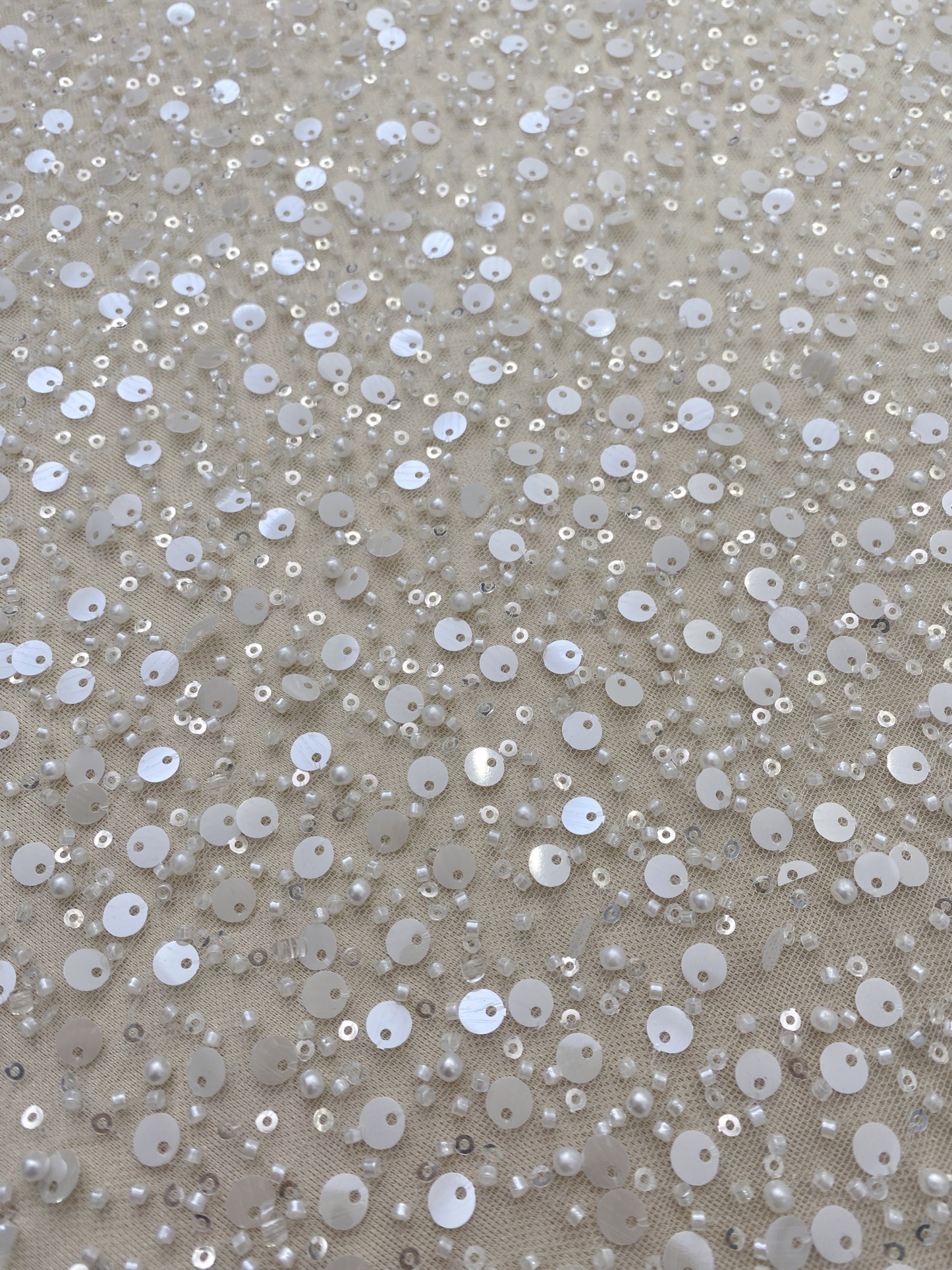 Beads and Sequined Tulle Fabric, Off-White Sequined Bridal Mesh Lace Fabric for Wedding Dress Veil Bridal Gown, Sold by 1 Yard