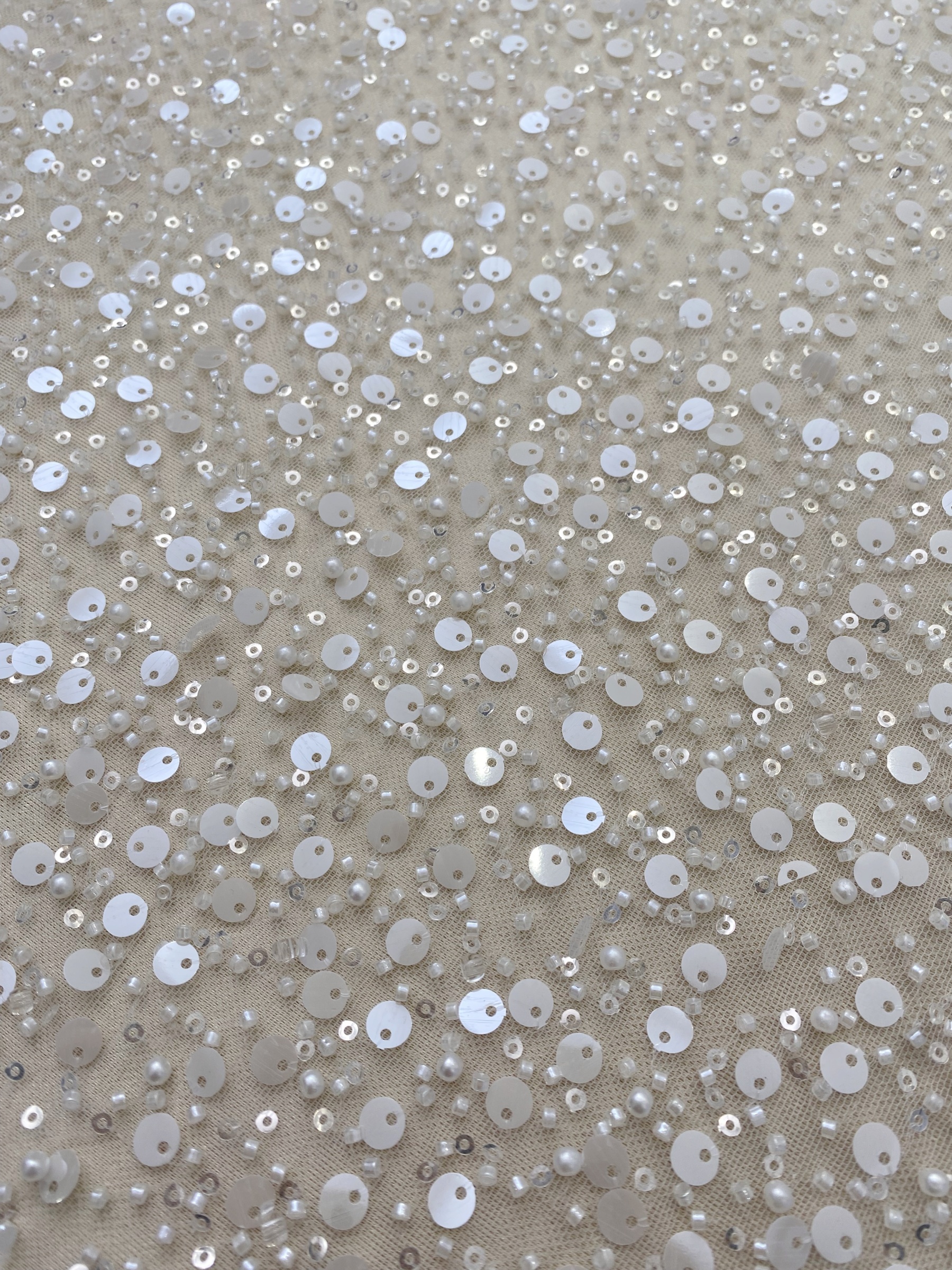 Beads and Sequined Tulle Fabric, Off-White Sequined Bridal Mesh Lace Fabric for Wedding Dress Veil Bridal Gown, Sold by 1 Yard