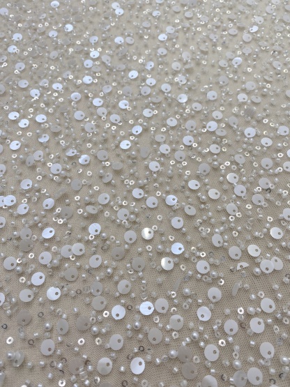 Beads and Sequined Tulle Fabric, Off-White Sequined Bridal Mesh Lace Fabric for Wedding Dress Veil Bridal Gown, Sold by 1 Yard