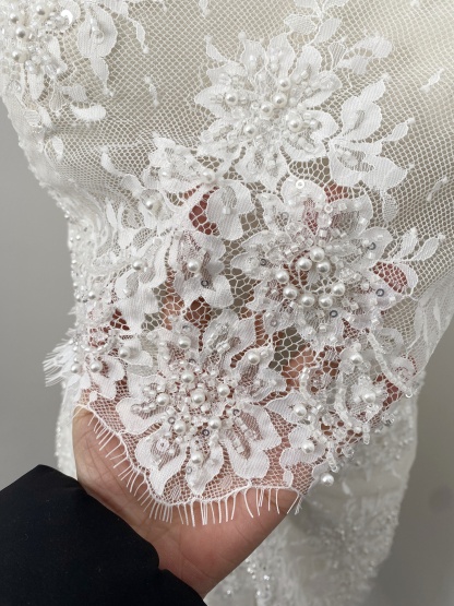 French Chantilly Lace Double Side Scalloped Beaded Lace Trim with Eyelash，Veil Lace Fabric, Bridal Wedding Accessories，Sold as 3-Meter Piece