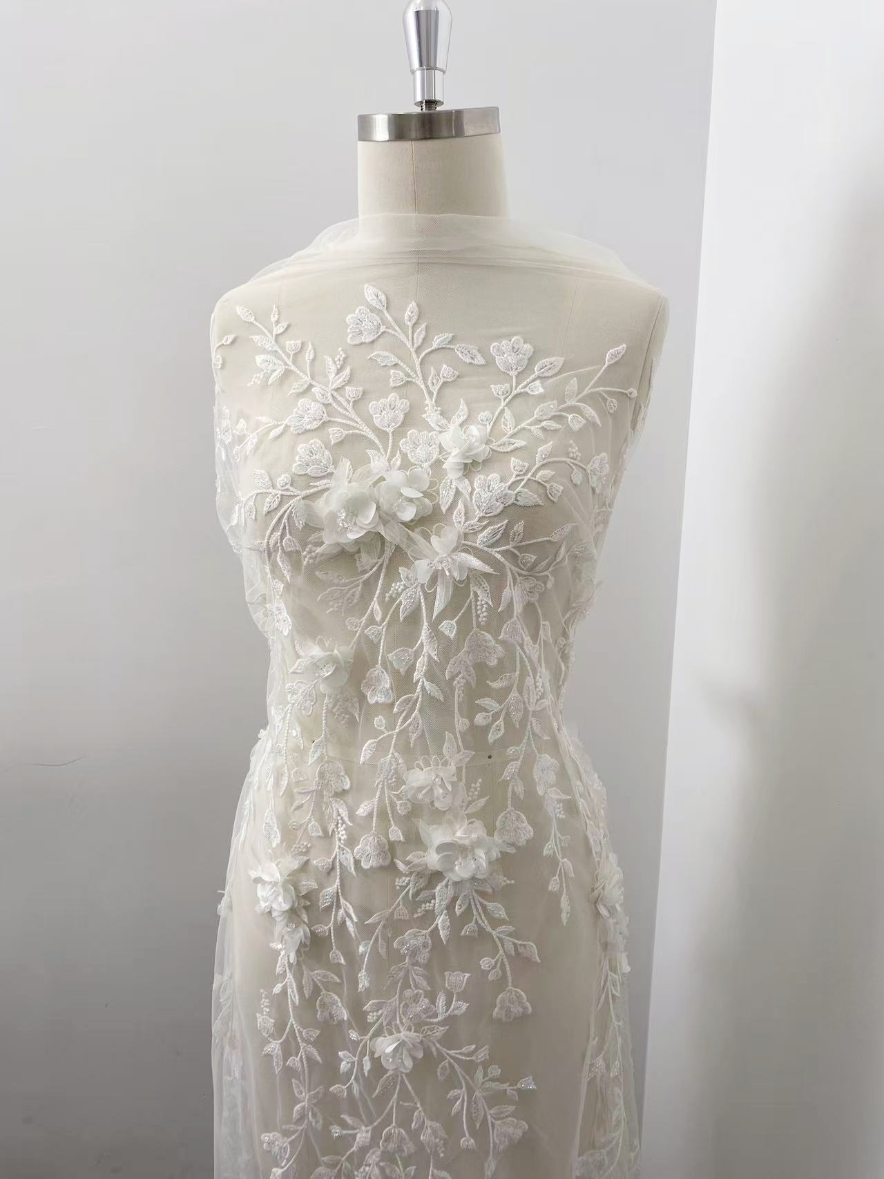 Customized: Ivory Handmade 3D Flower Lace Fabric | Beaded Bridal Lace with Floar Appliques for Wedding Dress,Veil, Couture 