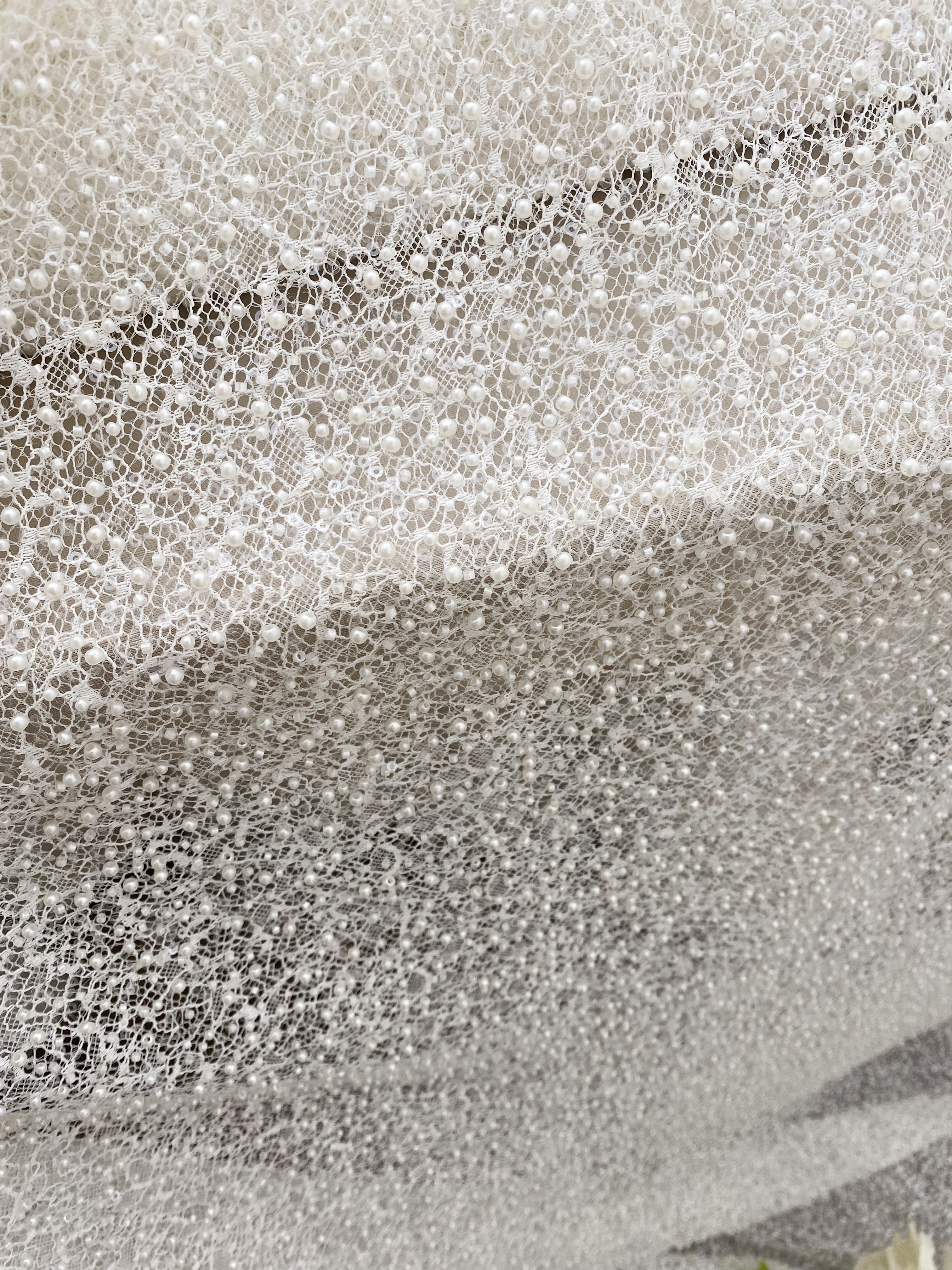 Ivory Beaded Lace Fabric with Pearls, Embroidered Bridal Material for Dresses and Gowns
