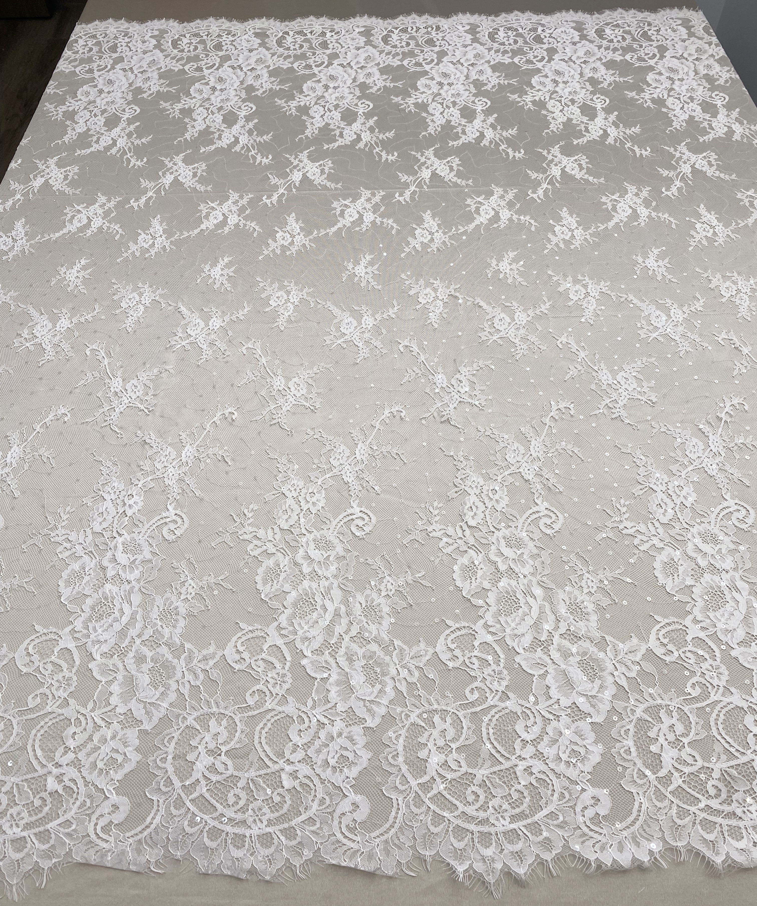 3 Meter French Chantilly Lace Fabric with Sequins, White Soft Wedding Lace with Scalloped Edge for Wedding Dress Veil Lace Robe