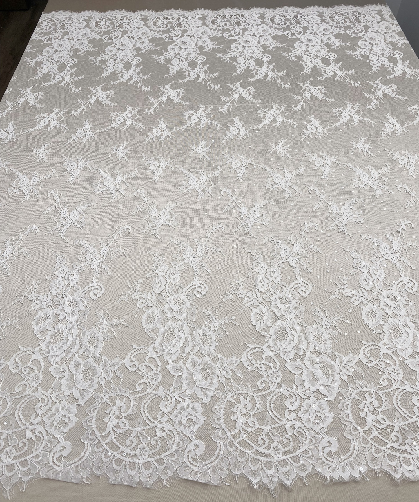 3 Meter French Chantilly Lace Fabric with Sequins, White Soft Wedding Lace with Scalloped Edge for Wedding Dress Veil Lace Robe