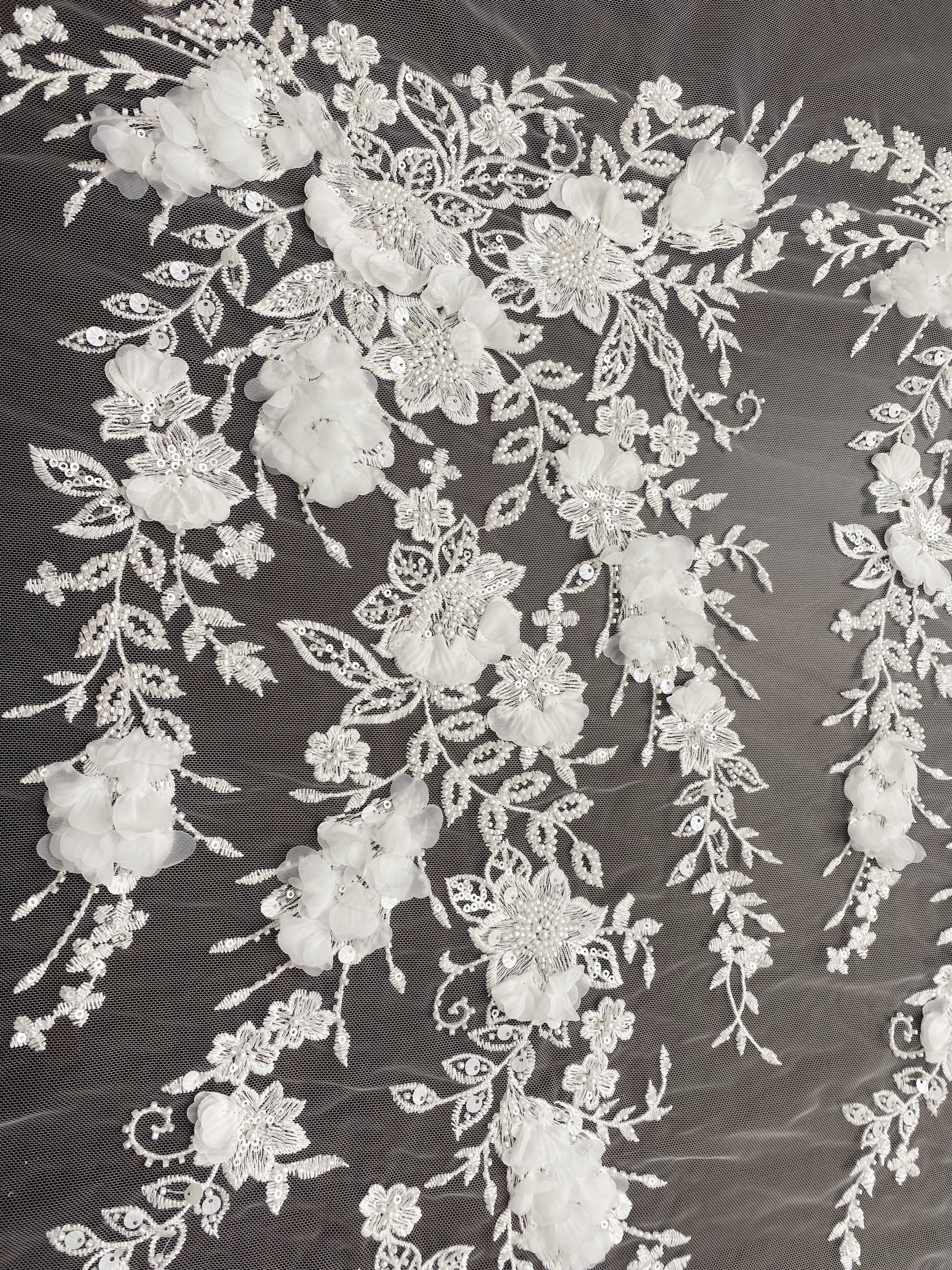 Ivory 3D Flower Lace Fabric with Pearls, Beaded Embroidered Tulle Lace For Bridal Veil Wedding Dress Prom, Evening gown, by 1 Yard