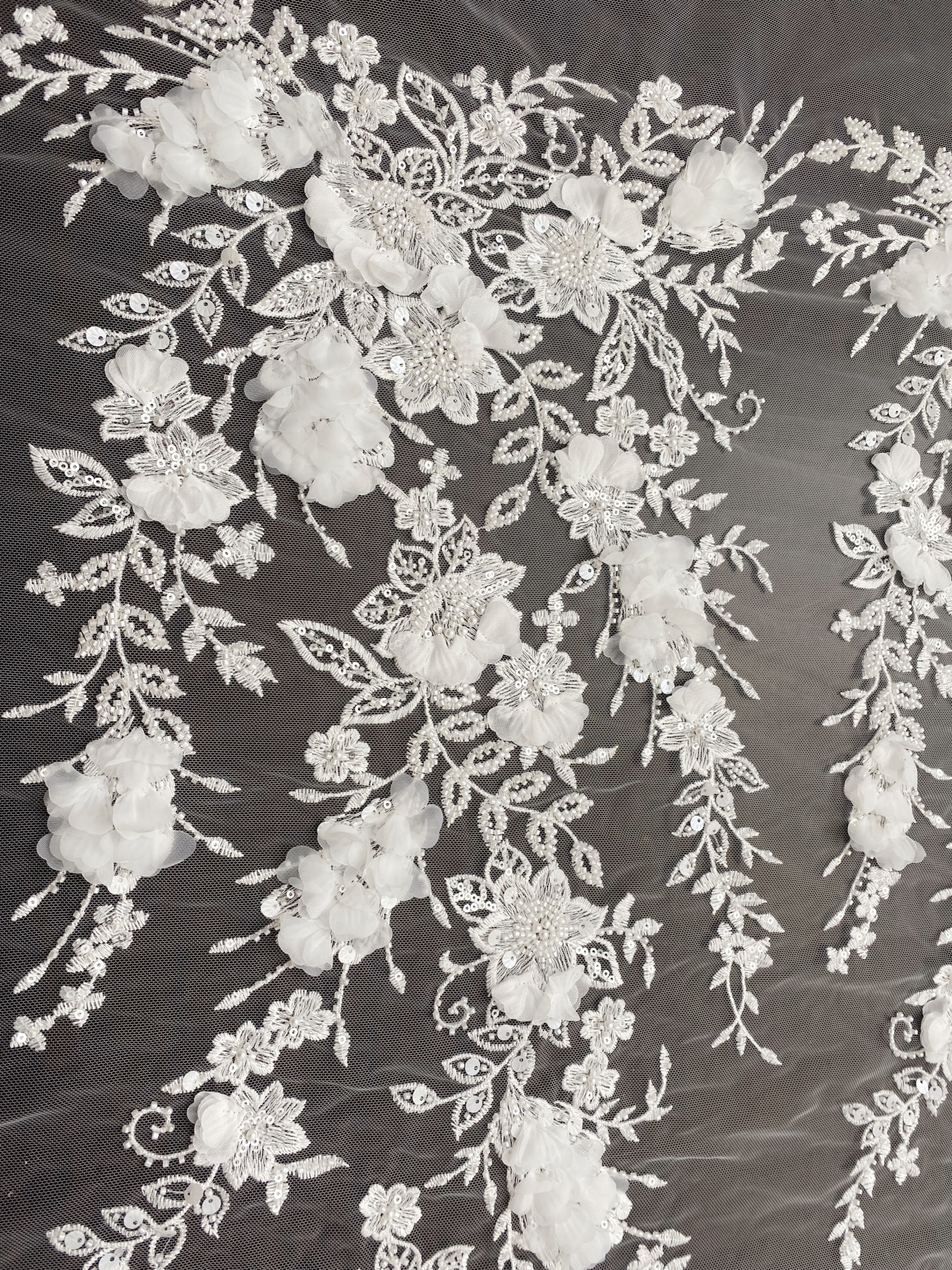 Ivory 3D Flower Lace Fabric with Pearls, Beaded Embroidered Tulle Lace For Bridal Veil Wedding Dress Prom, Evening gown, by 1 Yard