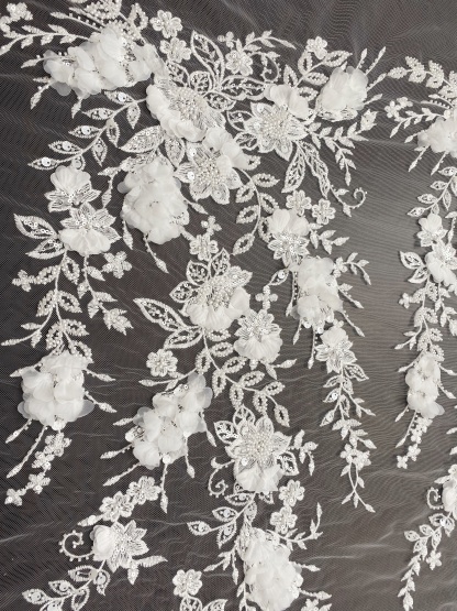 Ivory 3D Flower Lace Fabric with Pearls, Beaded Embroidered Tulle Lace For Bridal Veil Wedding Dress Prom, Evening gown, by 1 Yard