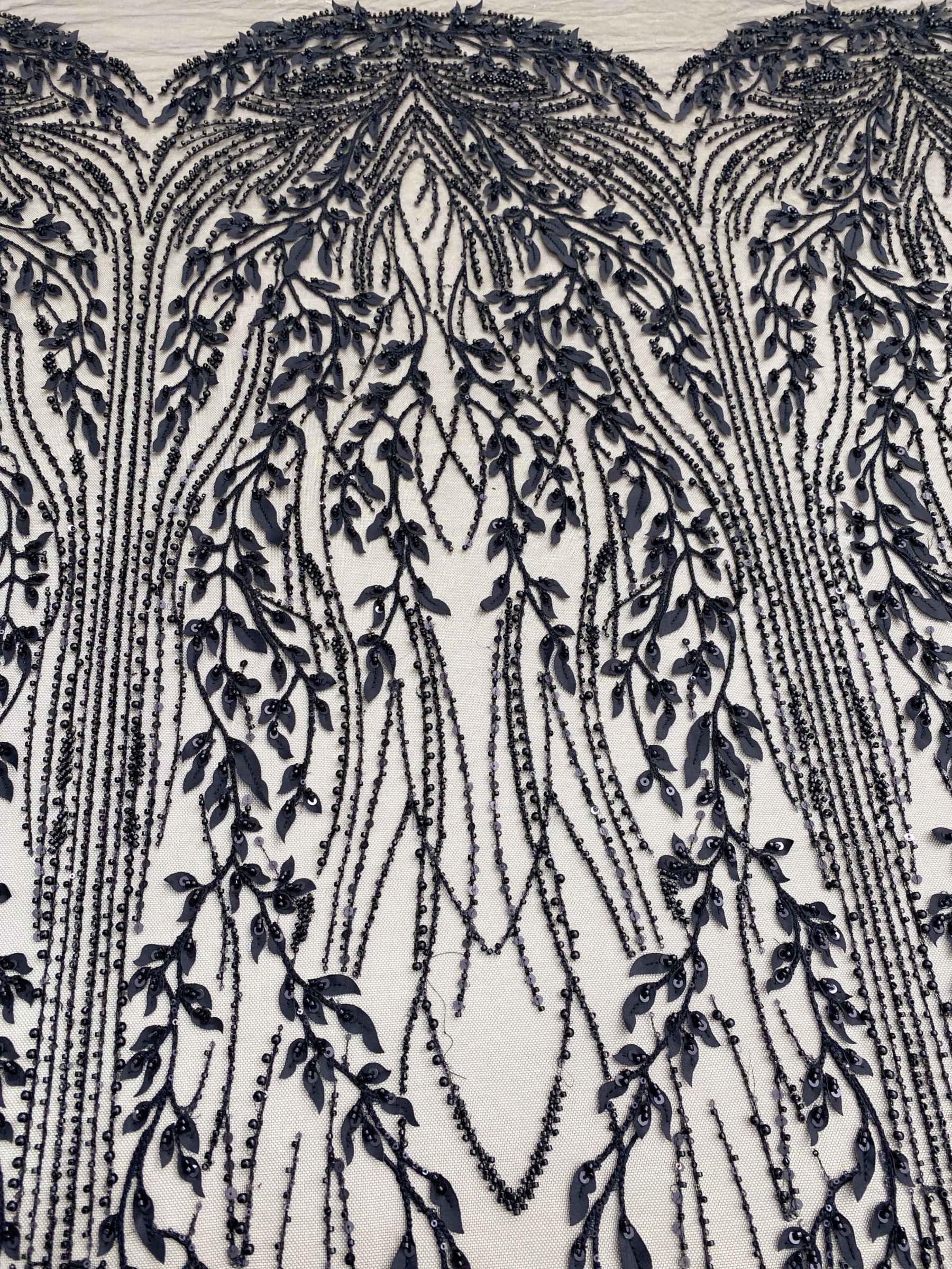 Black Leaf Lace Fabric, Soft Beaded Floral Embroidery with 3D Leaves on Mesh for Gowns, Veils, Evening Dresses, Couture DIY