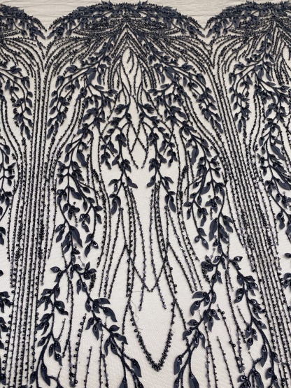 Black Leaf Lace Fabric, Soft Beaded Floral Embroidery with 3D Leaves on Mesh for Gowns, Veils, Evening Dresses, Couture DIY