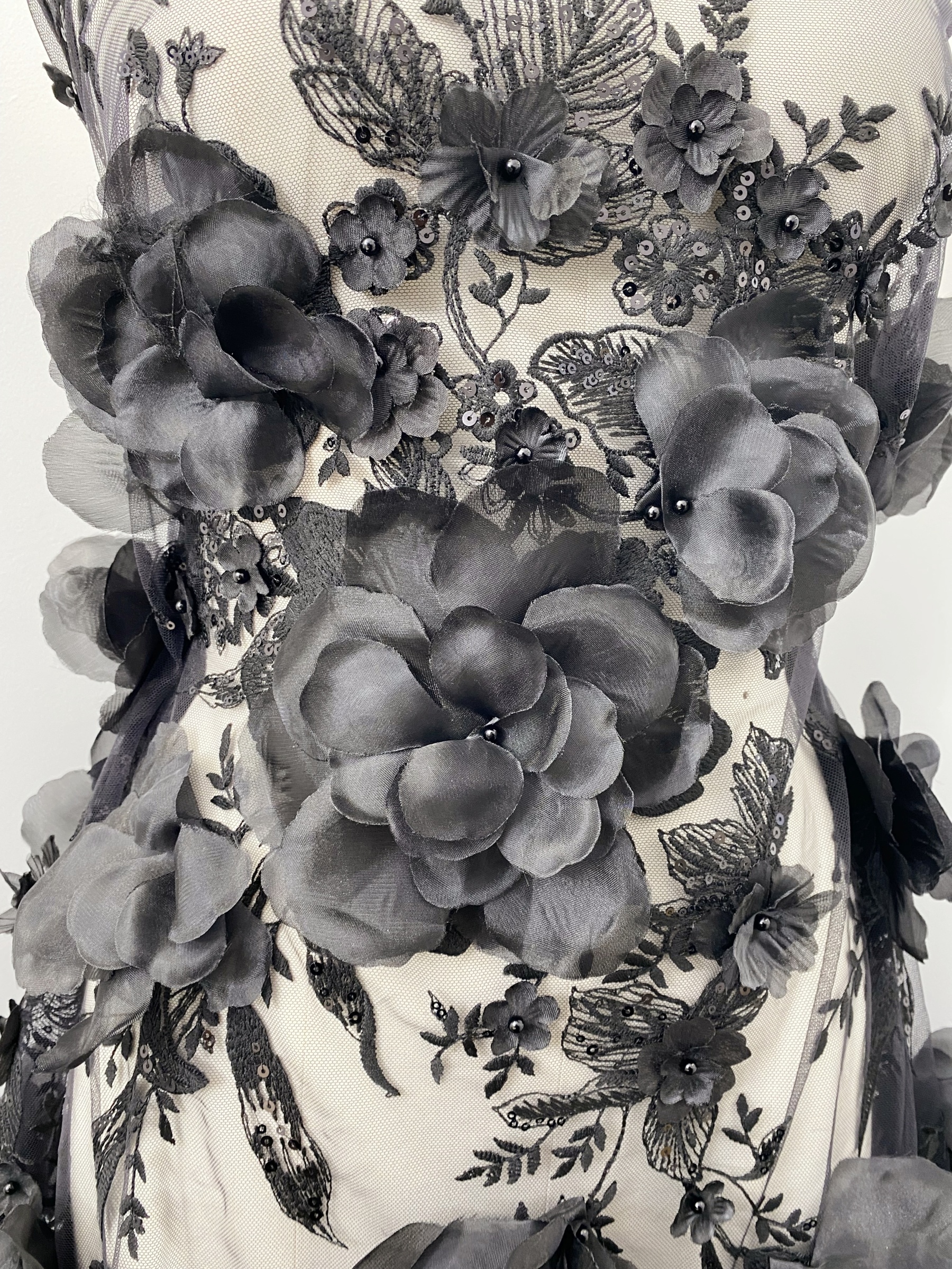 Black 3D Floral Embroidery Lace Fabric With Pearls, Soft Tulle lace For Wedding gown, Evening Dresses, Prom-Dress By The Yard