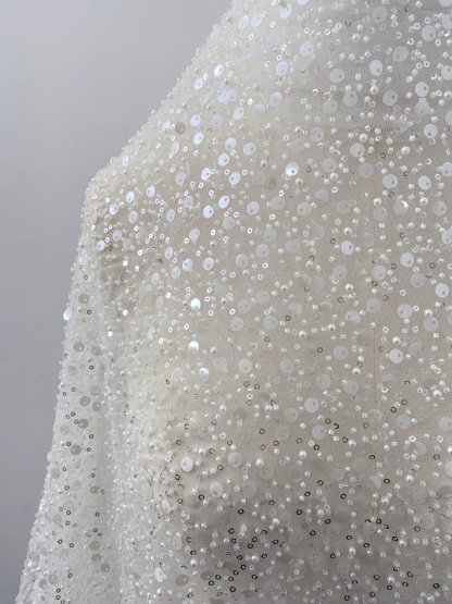 Beads and Sequined Tulle Fabric, Off-White Sequined Bridal Mesh Lace Fabric for Wedding Dress Veil Bridal Gown, Sold by 1 Yard