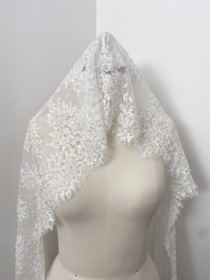 French Chantilly Lace Double Side Scalloped Beaded Lace Trim with Eyelash，Veil Lace Fabric, Bridal Wedding Accessories，Sold as 3-Meter Piece