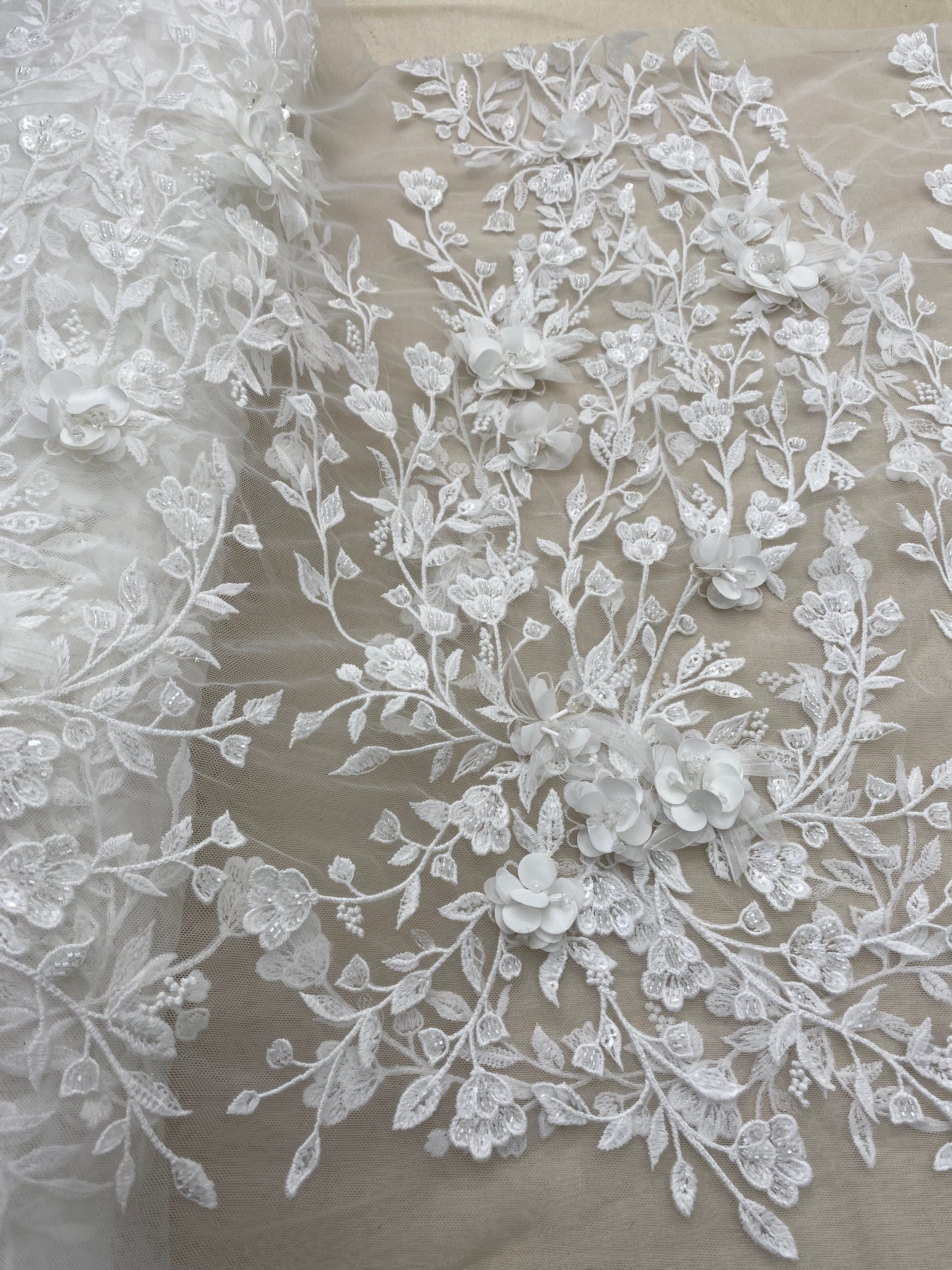 Customized: Ivory Handmade 3D Flower Lace Fabric | Beaded Bridal Lace with Floar Appliques for Wedding Dress,Veil, Couture 