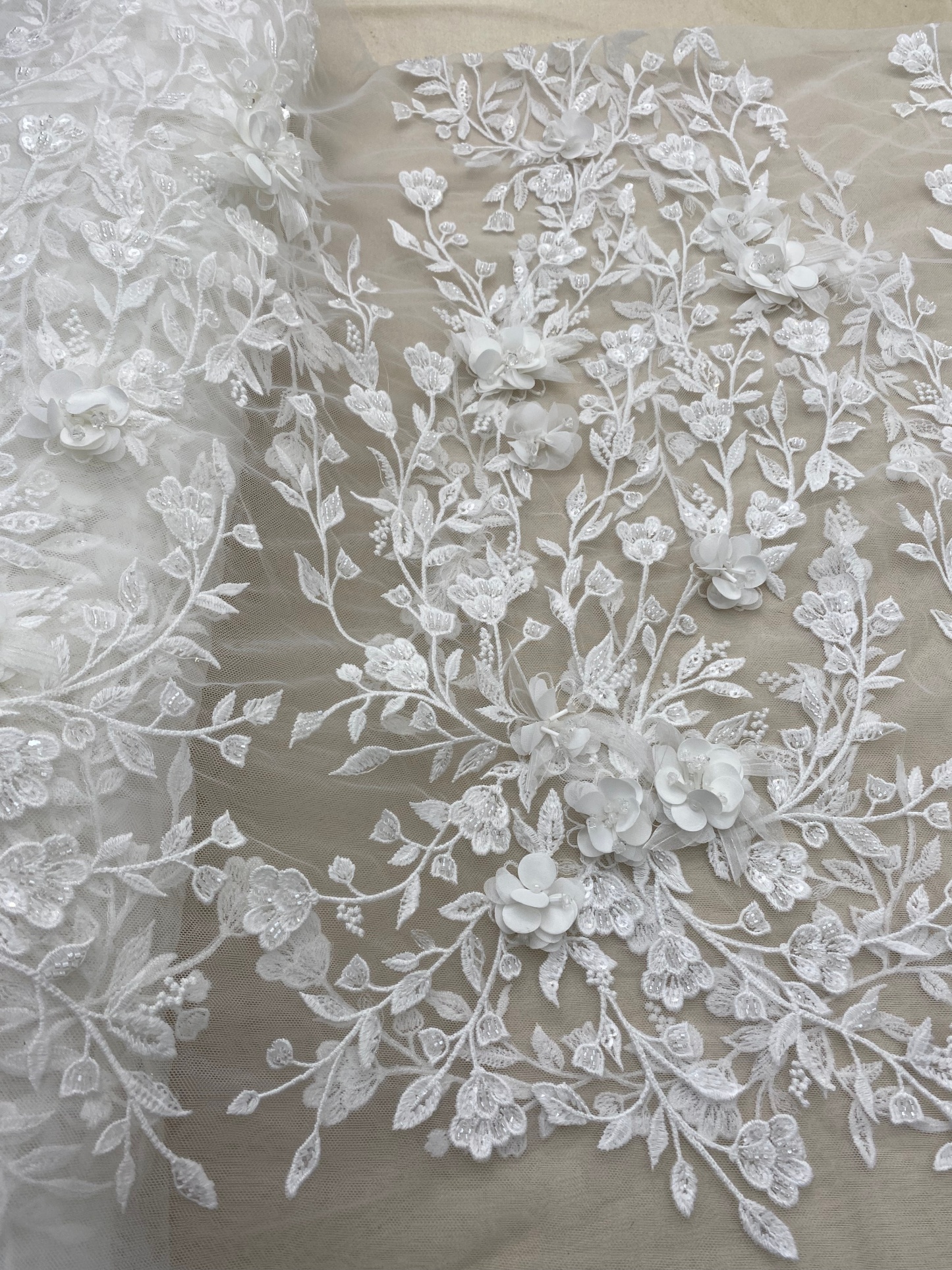 Customized: Ivory Handmade 3D Flower Lace Fabric | Beaded Bridal Lace with Floar Appliques for Wedding Dress,Veil, Couture 