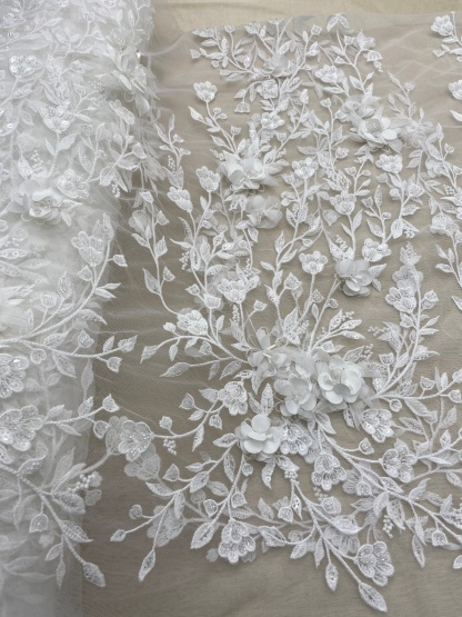 Customized: Ivory Handmade 3D Flower Lace Fabric | Beaded Bridal Lace with Floar Appliques for Wedding Dress,Veil, Couture 