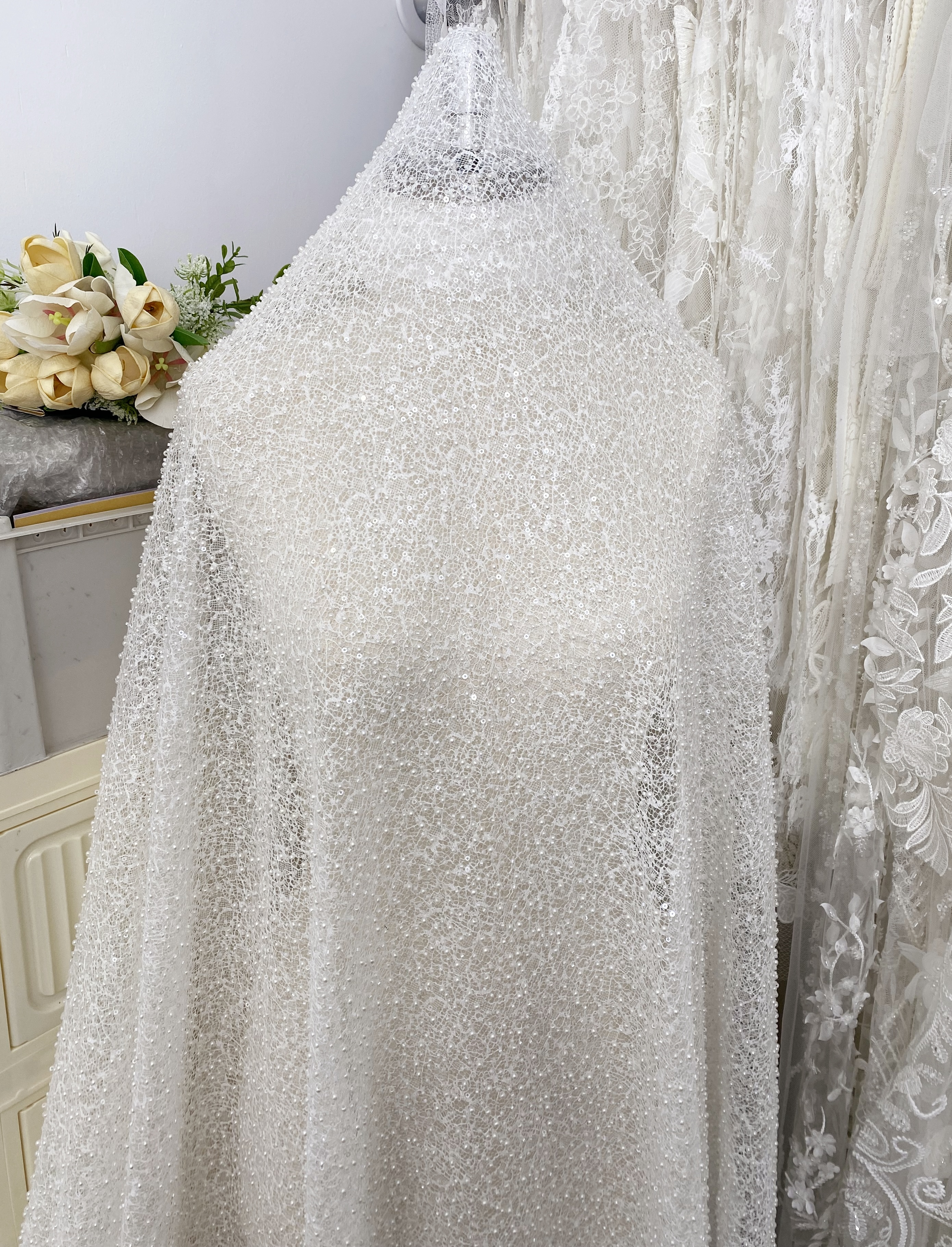 Ivory Beaded Lace Fabric with Pearls, Embroidered Bridal Material for Dresses and Gowns