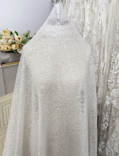 Ivory Beaded Lace Fabric with Pearls, Embroidered Bridal Material for Dresses and Gowns