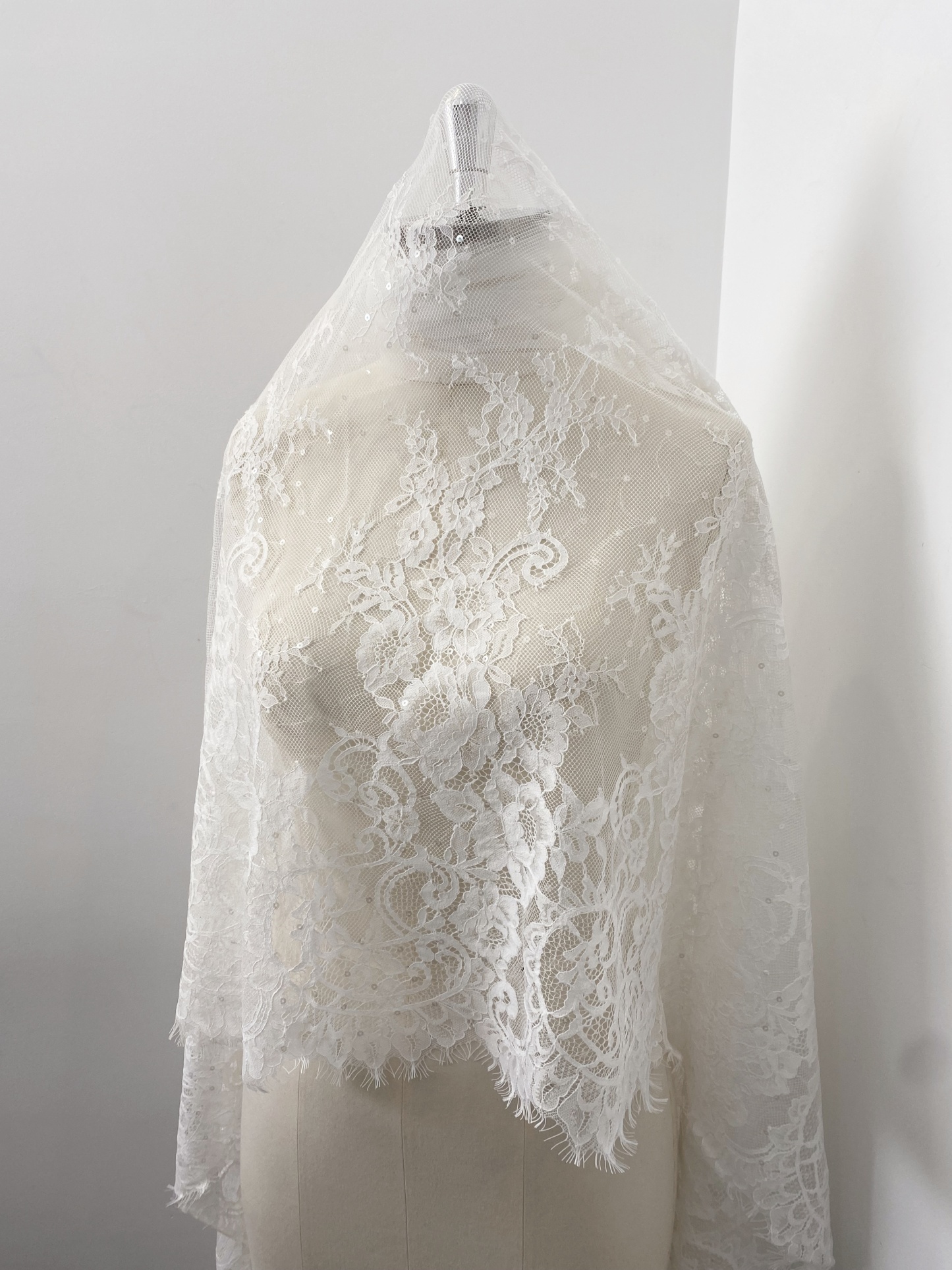3 Meter French Chantilly Lace Fabric with Sequins, White Soft Wedding Lace with Scalloped Edge for Wedding Dress Veil Lace Robe