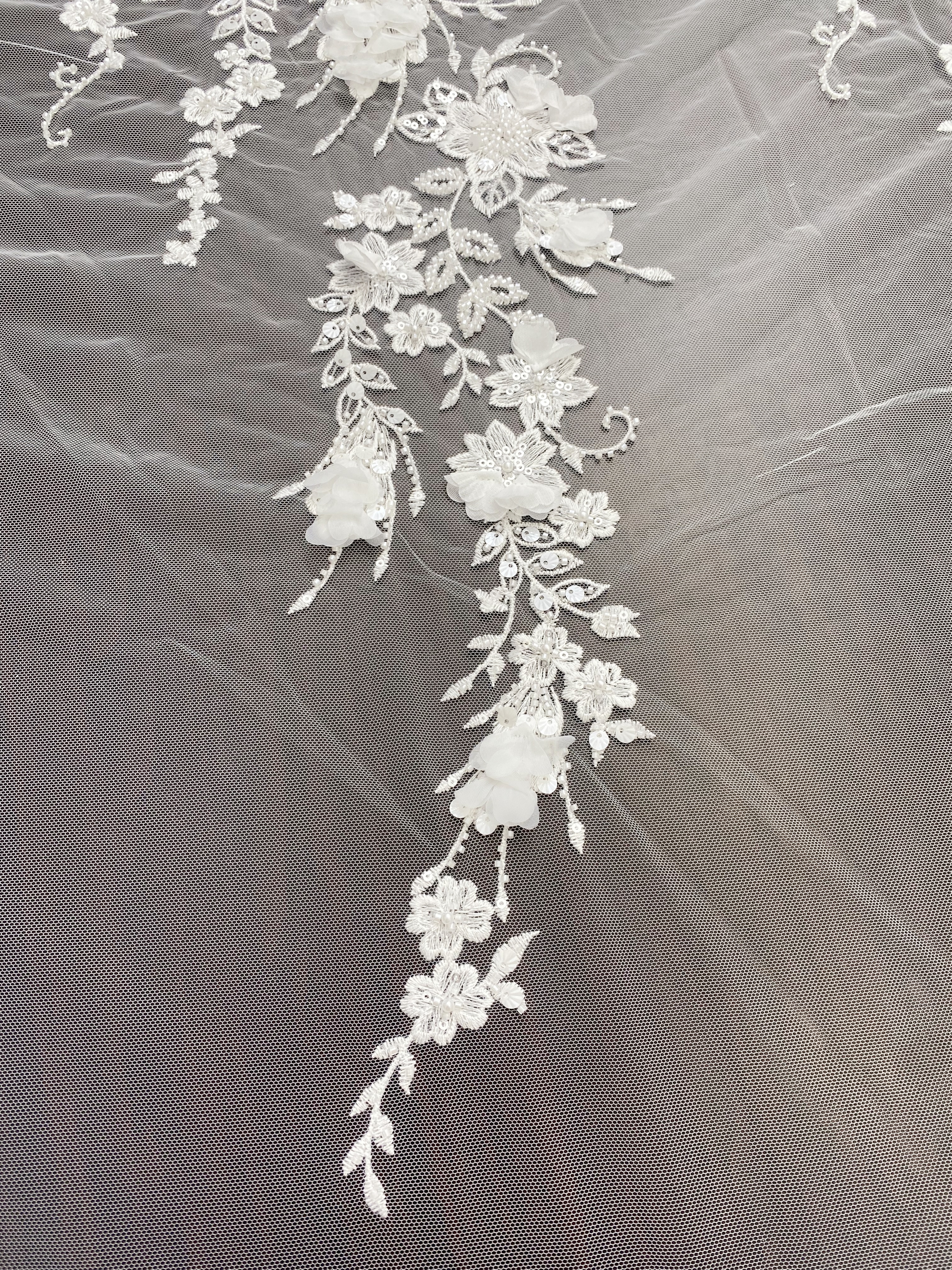 Ivory 3D Flower Lace Fabric with Pearls, Beaded Embroidered Tulle Lace For Bridal Veil Wedding Dress Prom, Evening gown, by 1 Yard