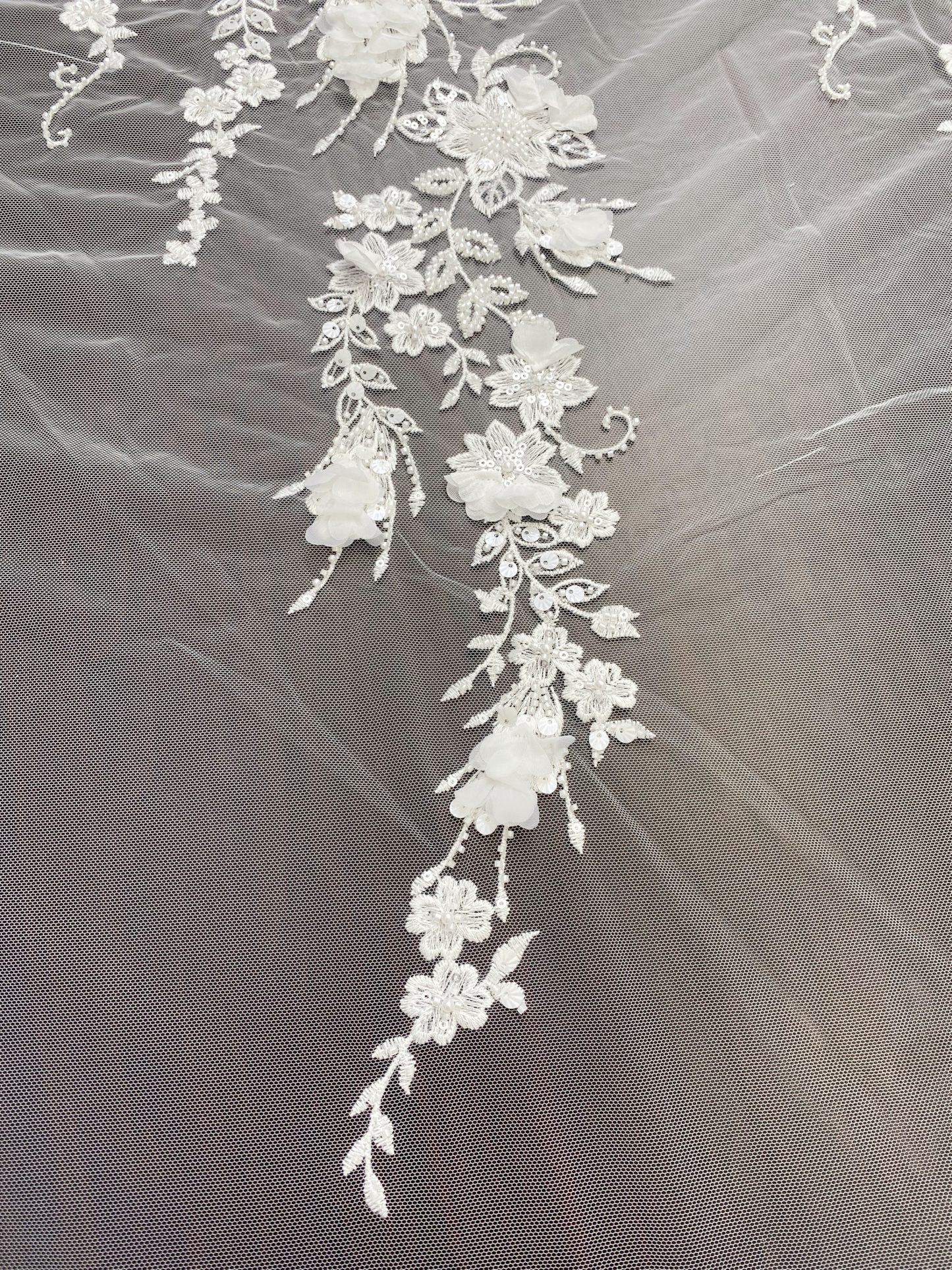Ivory 3D Flower Lace Fabric with Pearls, Beaded Embroidered Tulle Lace For Bridal Veil Wedding Dress Prom, Evening gown, by 1 Yard