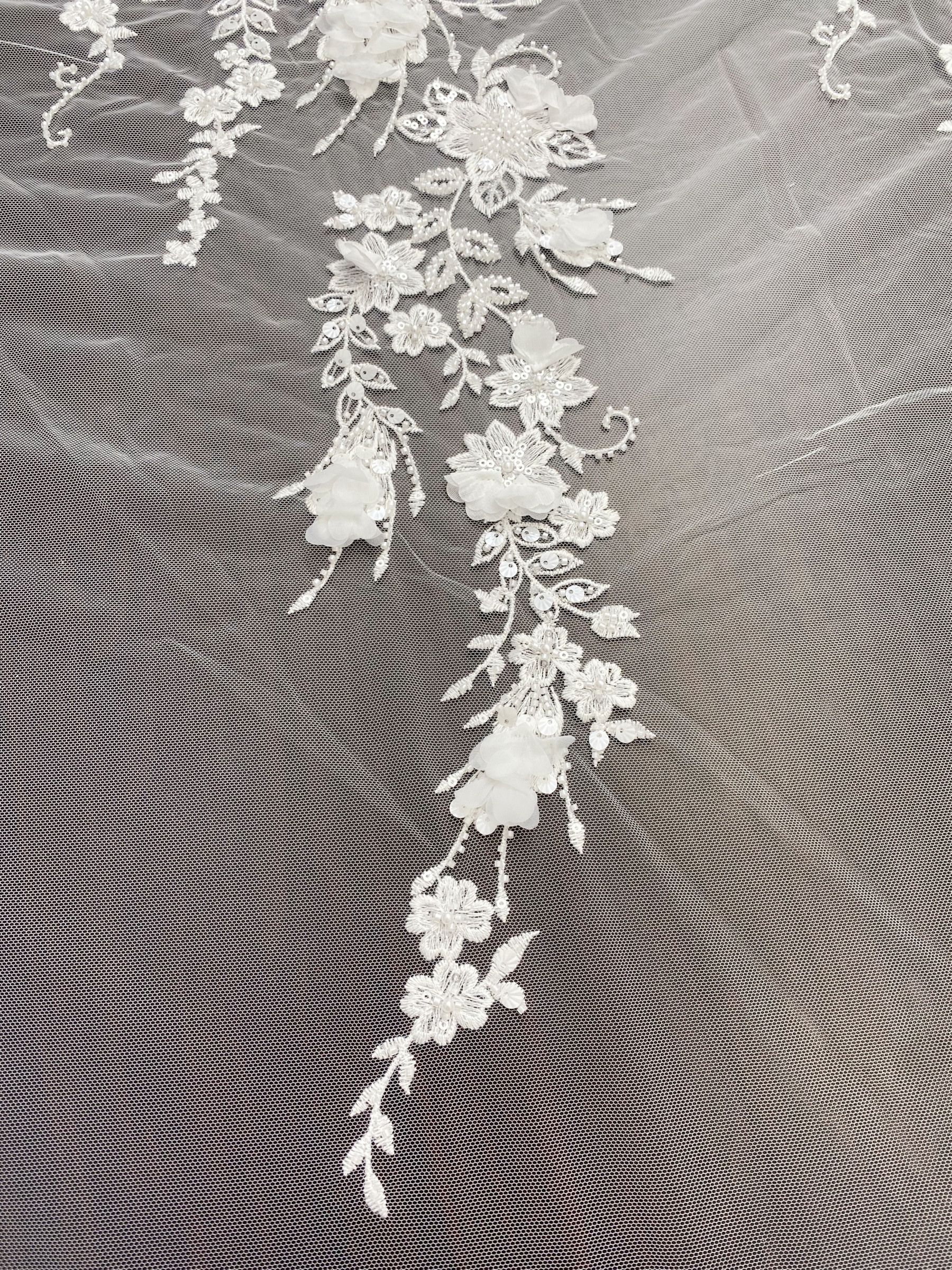 Ivory 3D Flower Lace Fabric with Pearls, Beaded Embroidered Tulle Lace For Bridal Veil Wedding Dress Prom, Evening gown, by 1 Yard