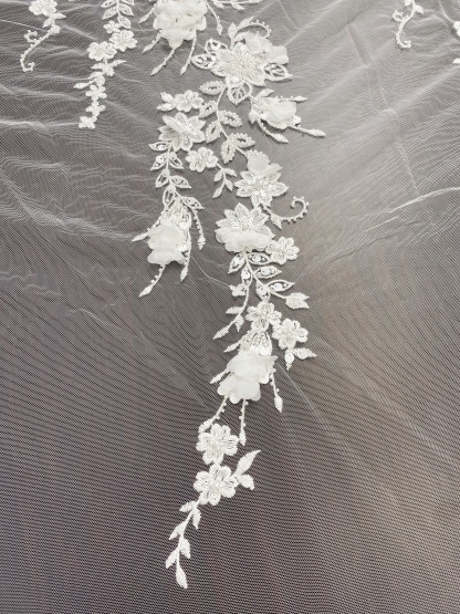 Ivory 3D Flower Lace Fabric with Pearls, Beaded Embroidered Tulle Lace For Bridal Veil Wedding Dress Prom, Evening gown, by 1 Yard