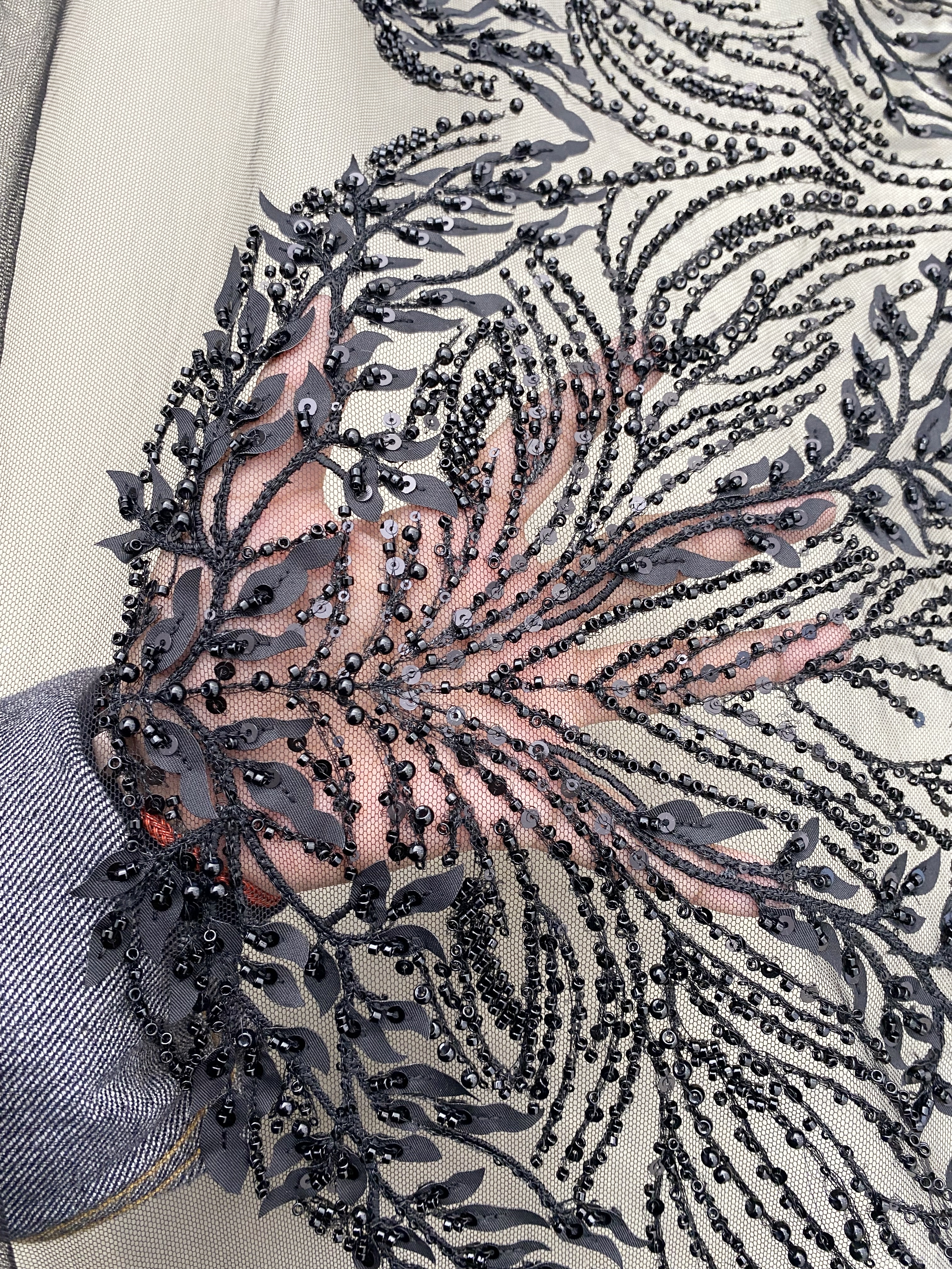 Black Leaf Lace Fabric, Soft Beaded Floral Embroidery with 3D Leaves on Mesh for Gowns, Veils, Evening Dresses, Couture DIY