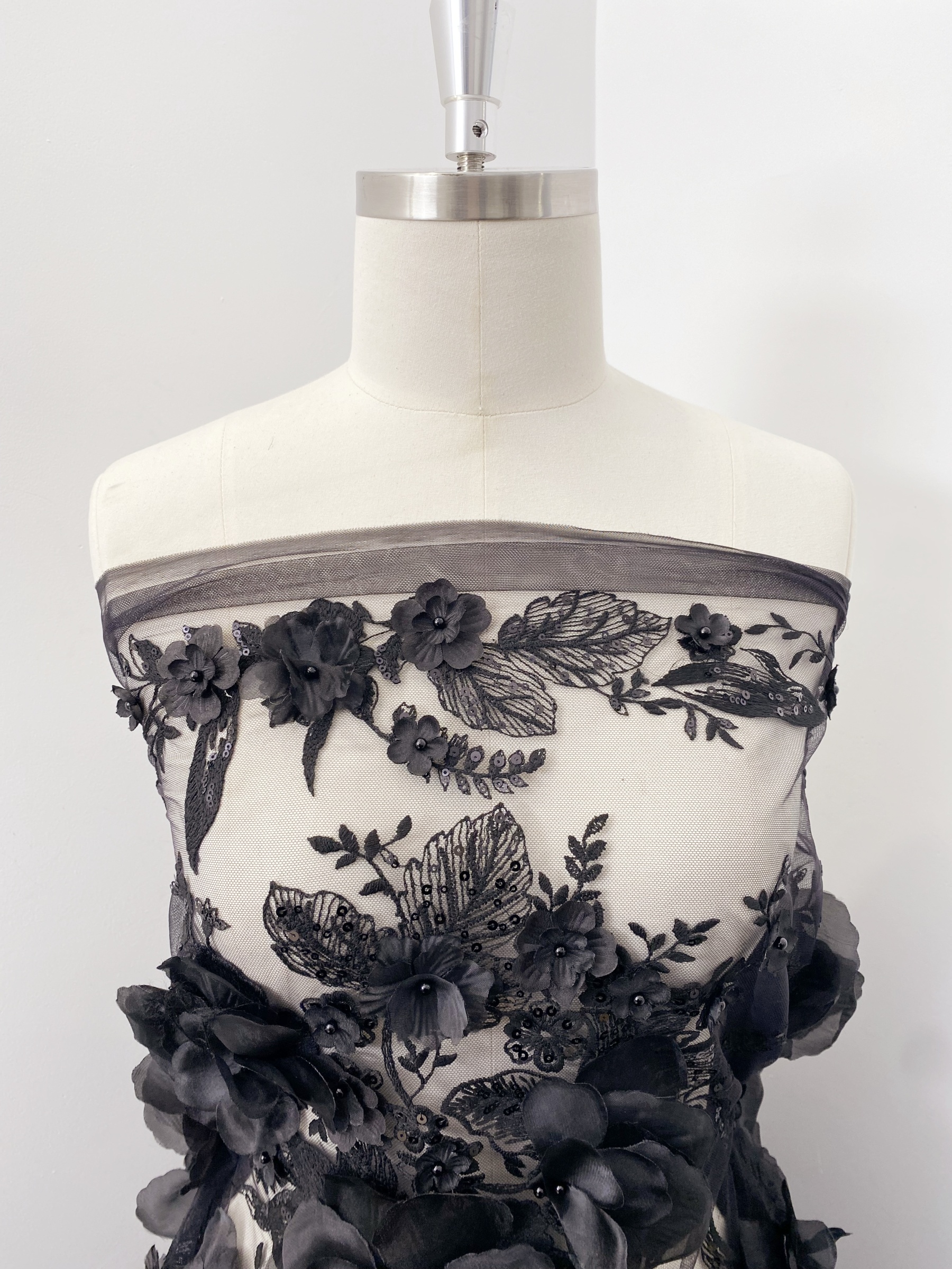 Black 3D Floral Embroidery Lace Fabric With Pearls, Soft Tulle lace For Wedding gown, Evening Dresses, Prom-Dress By The Yard