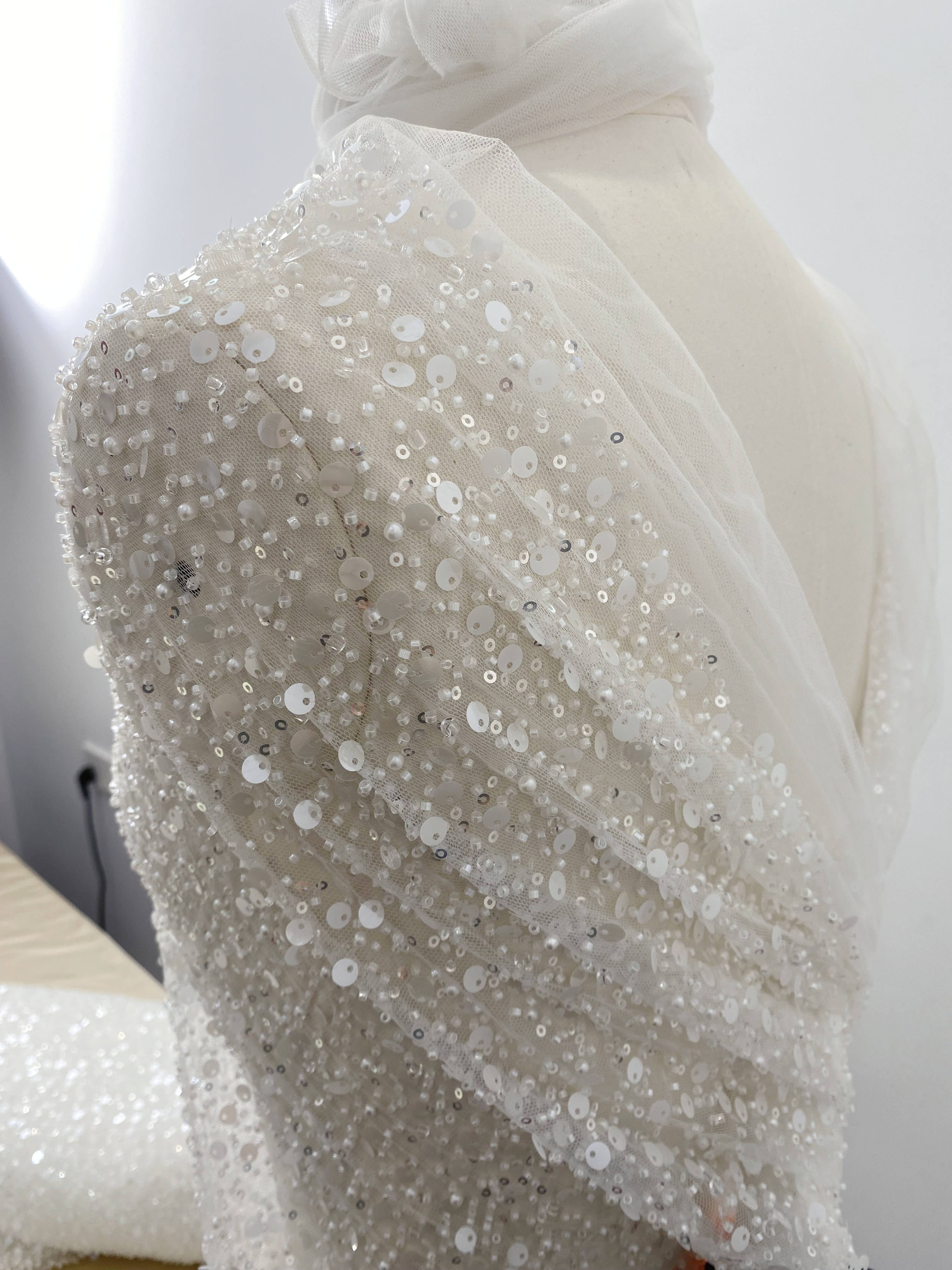 Beads and Sequined Tulle Fabric, Off-White Sequined Bridal Mesh Lace Fabric for Wedding Dress Veil Bridal Gown, Sold by 1 Yard