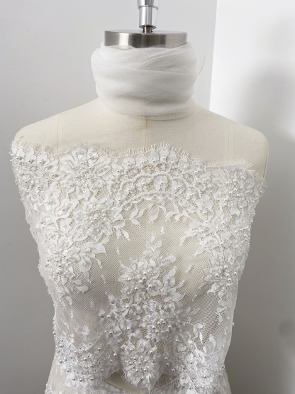 French Chantilly Lace Double Side Scalloped Beaded Lace Trim with Eyelash，Veil Lace Fabric, Bridal Wedding Accessories，Sold as 3-Meter Piece