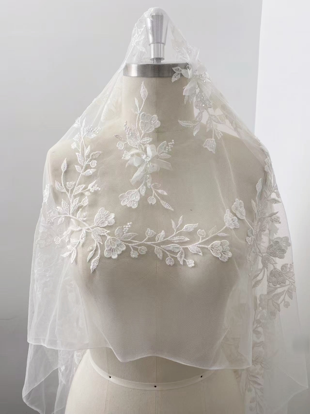 Customized: Ivory Handmade 3D Flower Lace Fabric | Beaded Bridal Lace with Floar Appliques for Wedding Dress,Veil, Couture 