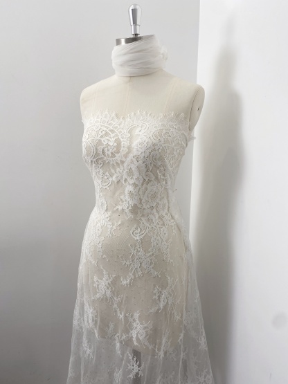 3 Meter French Chantilly Lace Fabric with Sequins, White Soft Wedding Lace with Scalloped Edge for Wedding Dress Veil Lace Robe