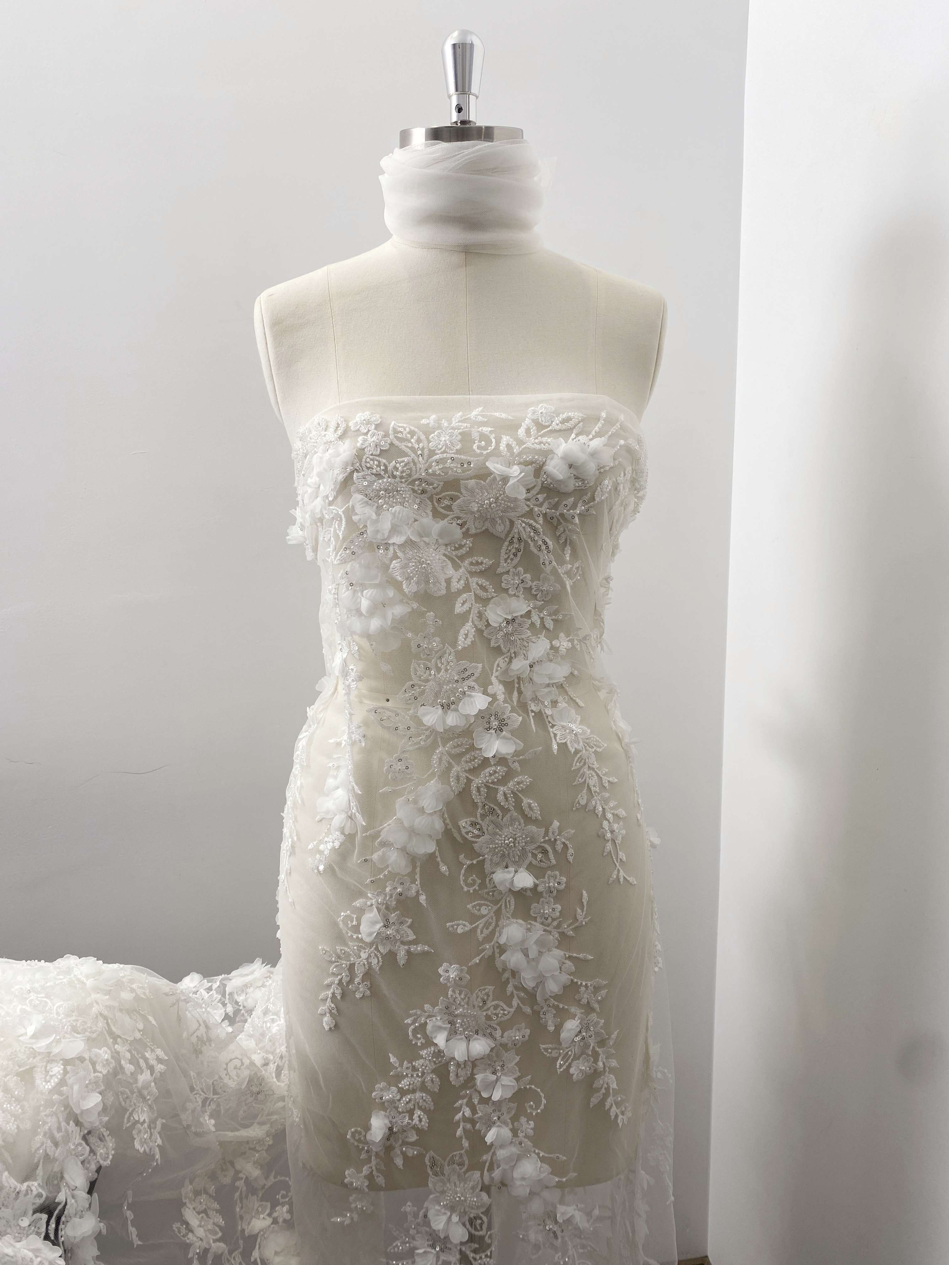 Ivory 3D Flower Lace Fabric with Pearls, Beaded Embroidered Tulle Lace For Bridal Veil Wedding Dress Prom, Evening gown, by 1 Yard