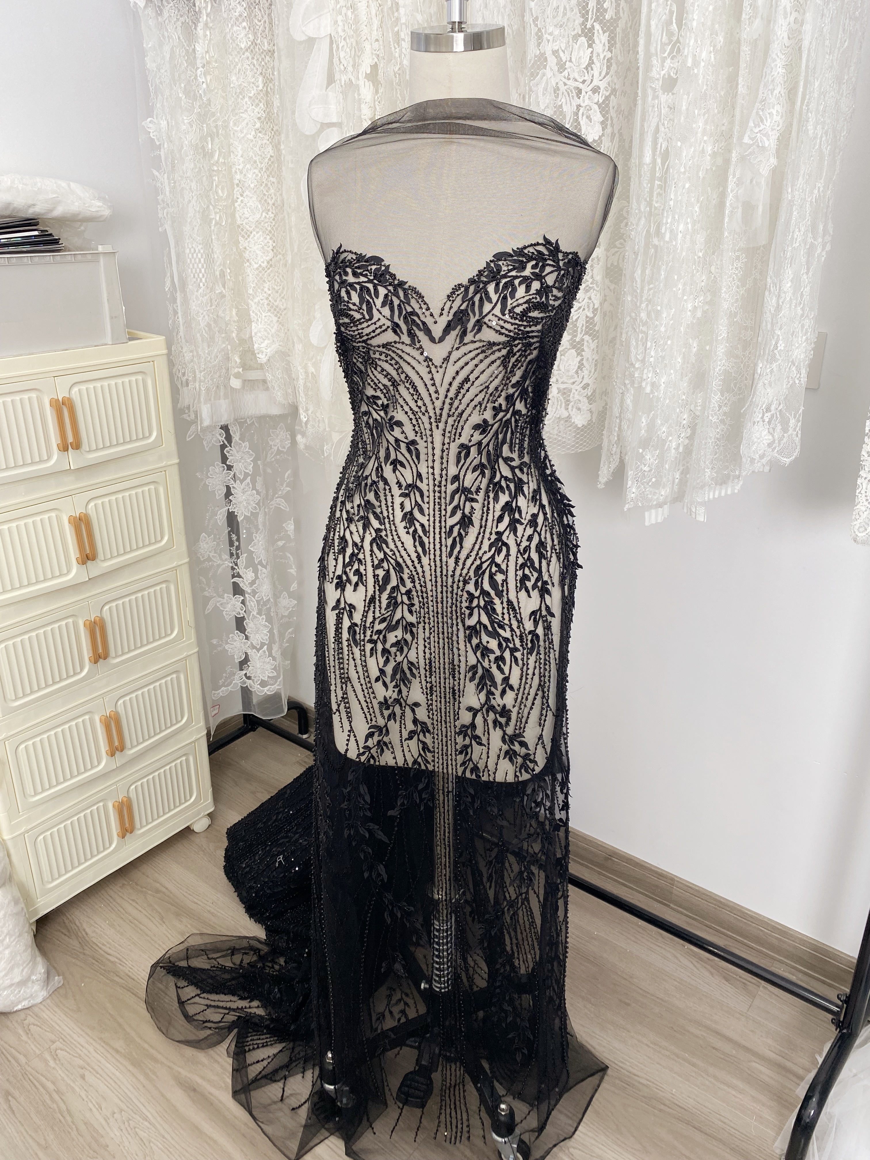 Black Leaf Lace Fabric, Soft Beaded Floral Embroidery with 3D Leaves on Mesh for Gowns, Veils, Evening Dresses, Couture DIY