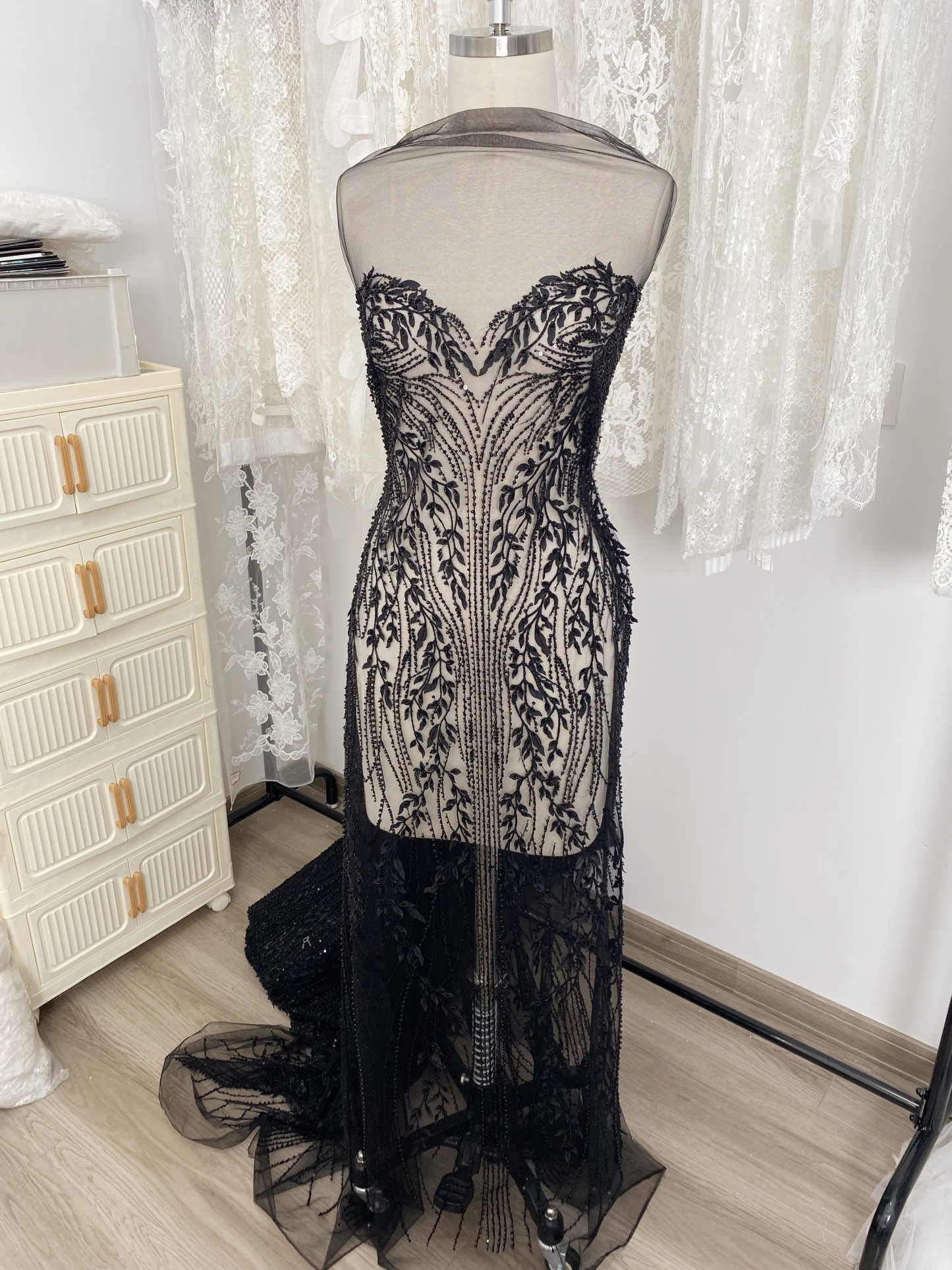 Black Leaf Lace Fabric, Soft Beaded Floral Embroidery with 3D Leaves on Mesh for Gowns, Veils, Evening Dresses, Couture DIY