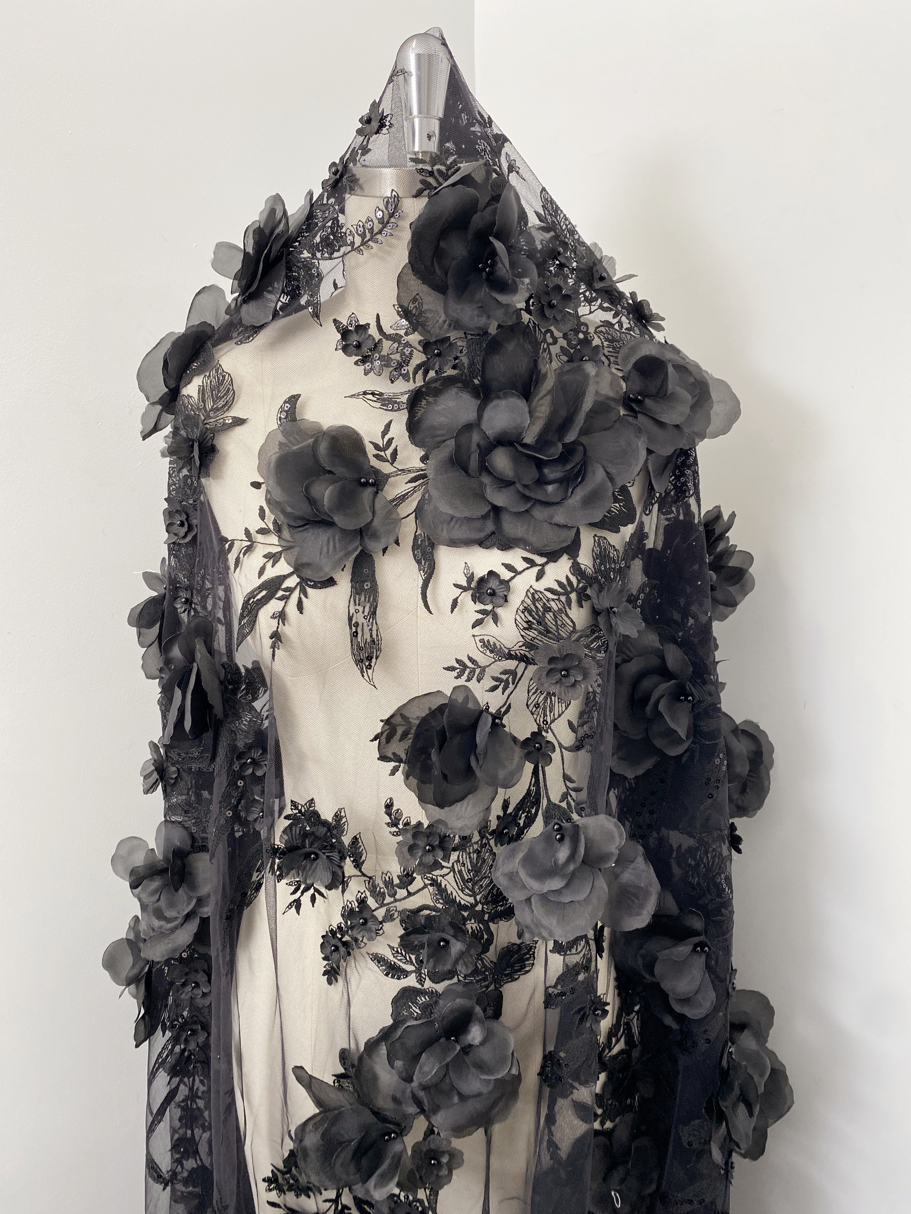 Black 3D Floral Embroidery Lace Fabric With Pearls, Soft Tulle lace For Wedding gown, Evening Dresses, Prom-Dress By The Yard