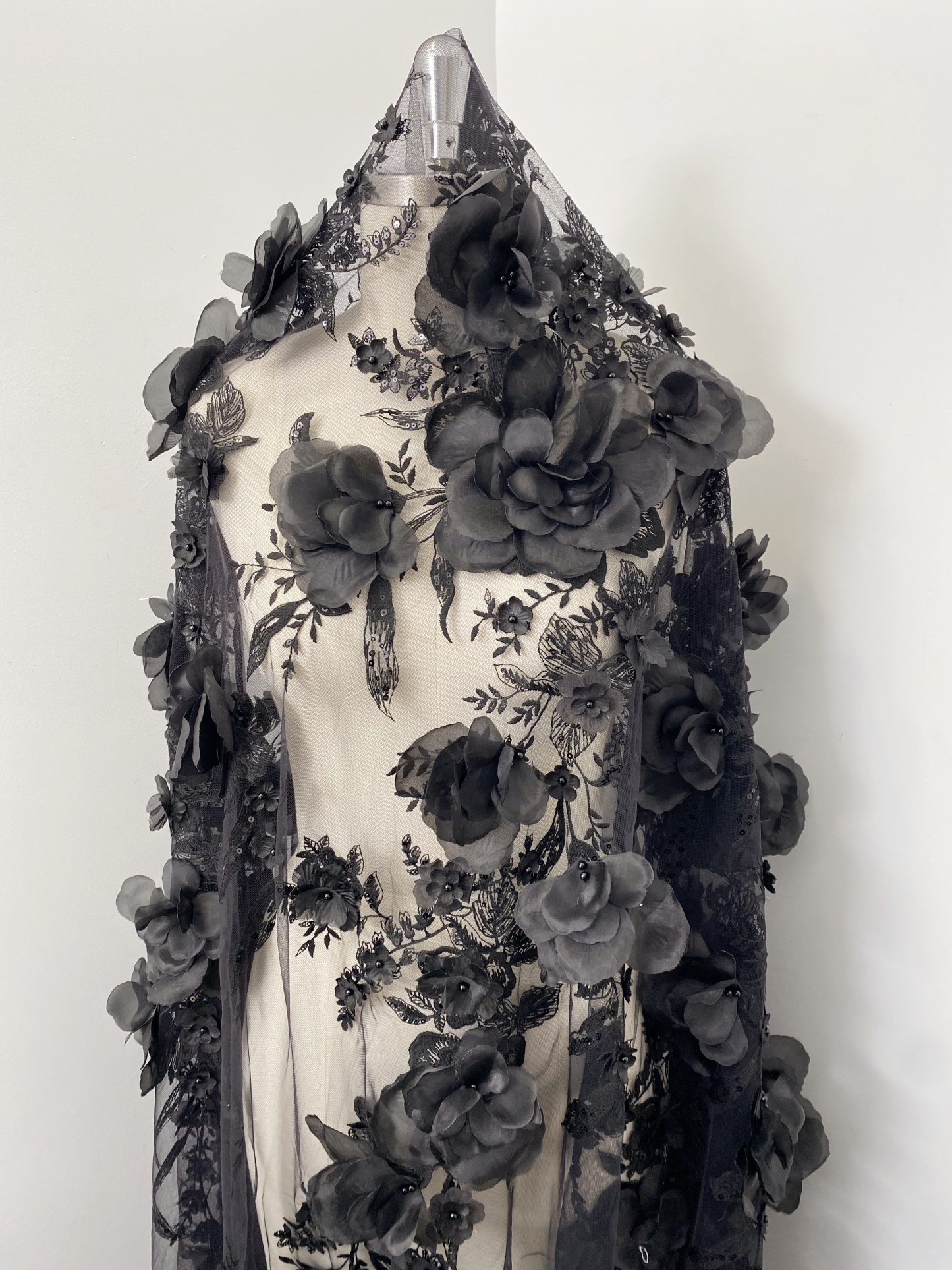 Black 3D Floral Embroidery Lace Fabric With Pearls, Soft Tulle lace For Wedding gown, Evening Dresses, Prom-Dress By The Yard