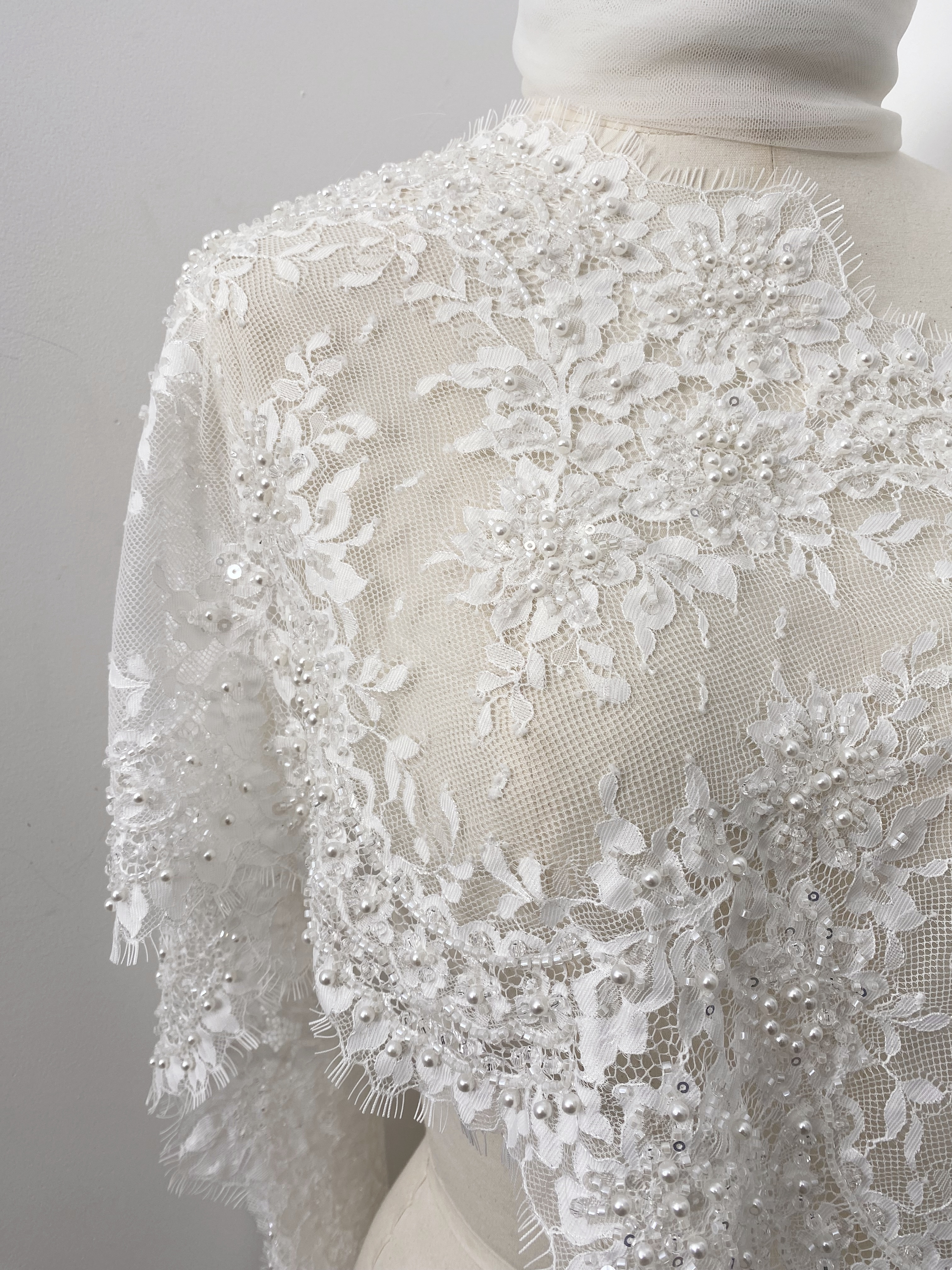 French Chantilly Lace Double Side Scalloped Beaded Lace Trim with Eyelash，Veil Lace Fabric, Bridal Wedding Accessories，Sold as 3-Meter Piece