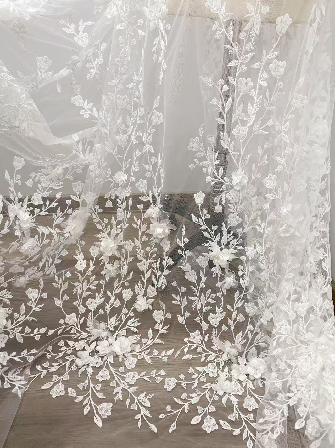 Customized: Ivory Handmade 3D Flower Lace Fabric | Beaded Bridal Lace with Floar Appliques for Wedding Dress,Veil, Couture 
