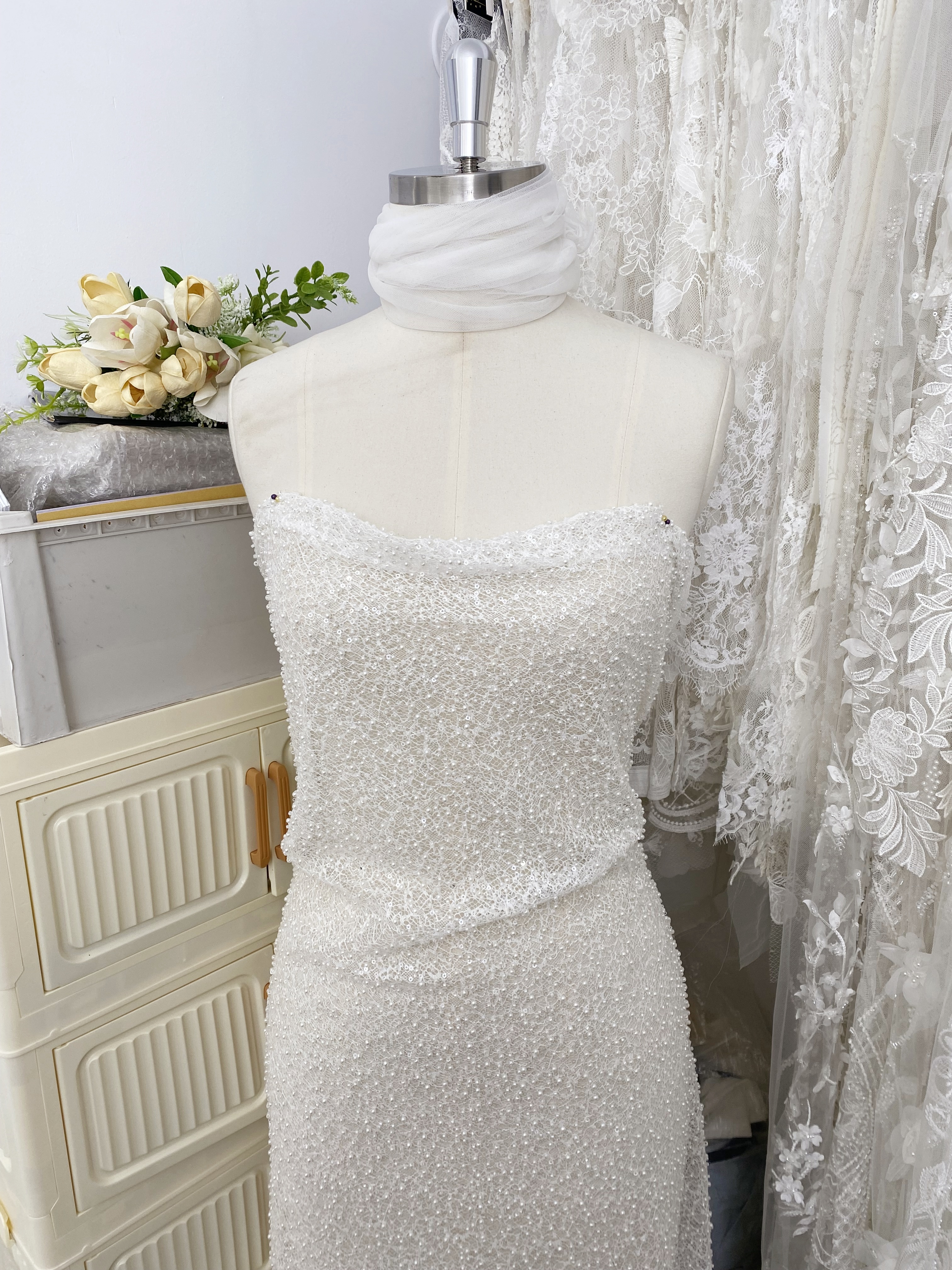 Ivory Beaded Lace Fabric with Pearls, Embroidered Bridal Material for Dresses and Gowns