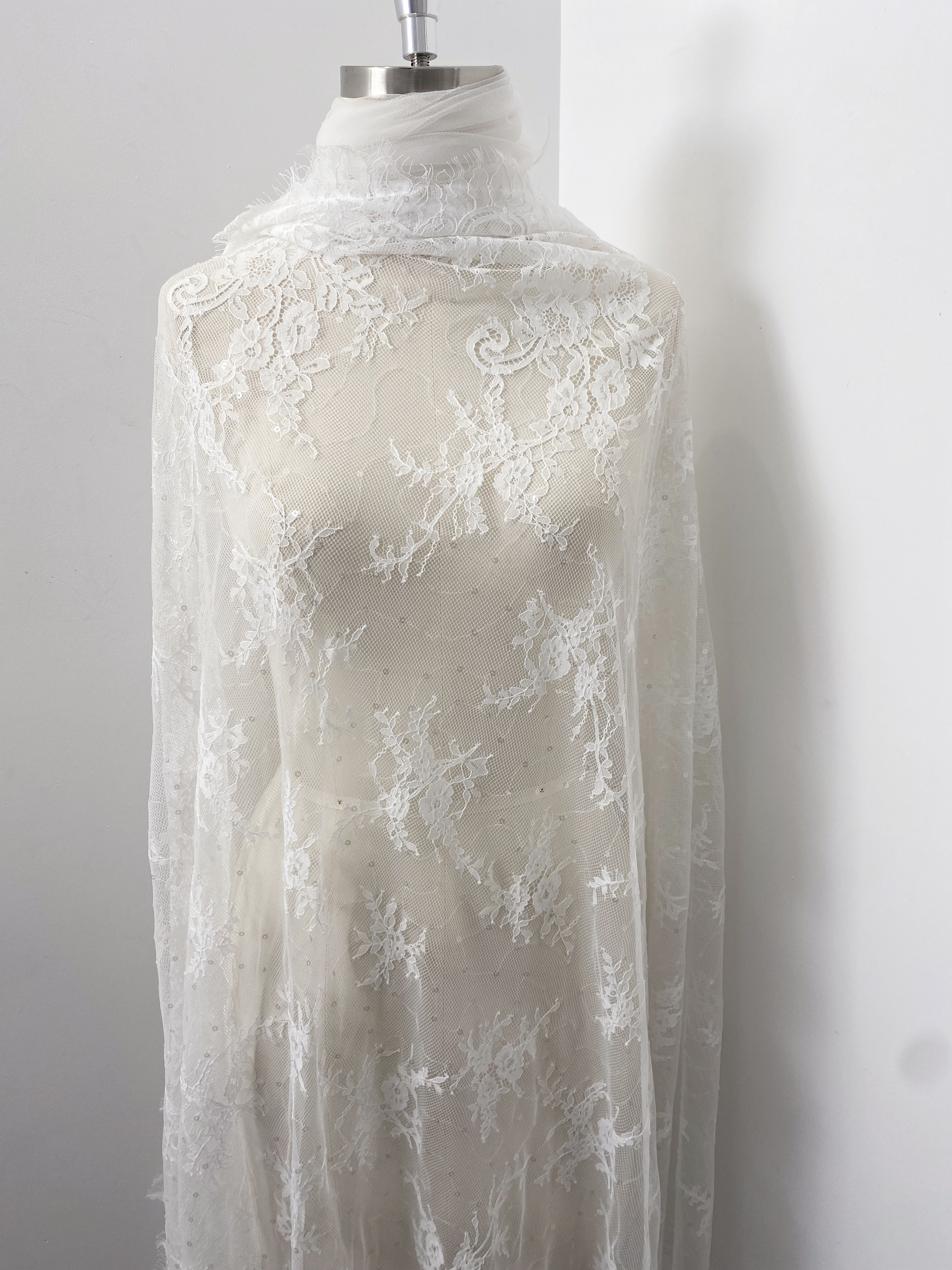 3 Meter French Chantilly Lace Fabric with Sequins, White Soft Wedding Lace with Scalloped Edge for Wedding Dress Veil Lace Robe