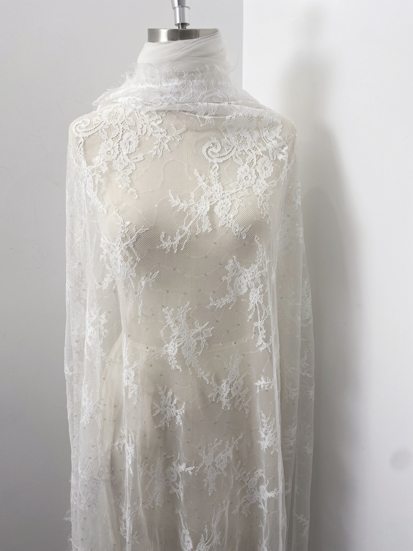 3 Meter French Chantilly Lace Fabric with Sequins, White Soft Wedding Lace with Scalloped Edge for Wedding Dress Veil Lace Robe