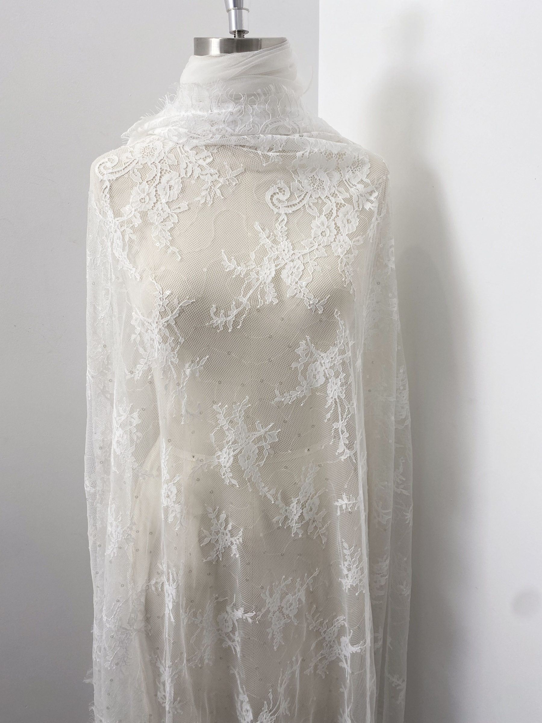 3 Meter French Chantilly Lace Fabric with Sequins, White Soft Wedding Lace with Scalloped Edge for Wedding Dress Veil Lace Robe
