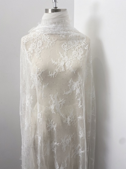 3 Meter French Chantilly Lace Fabric with Sequins, White Soft Wedding Lace with Scalloped Edge for Wedding Dress Veil Lace Robe