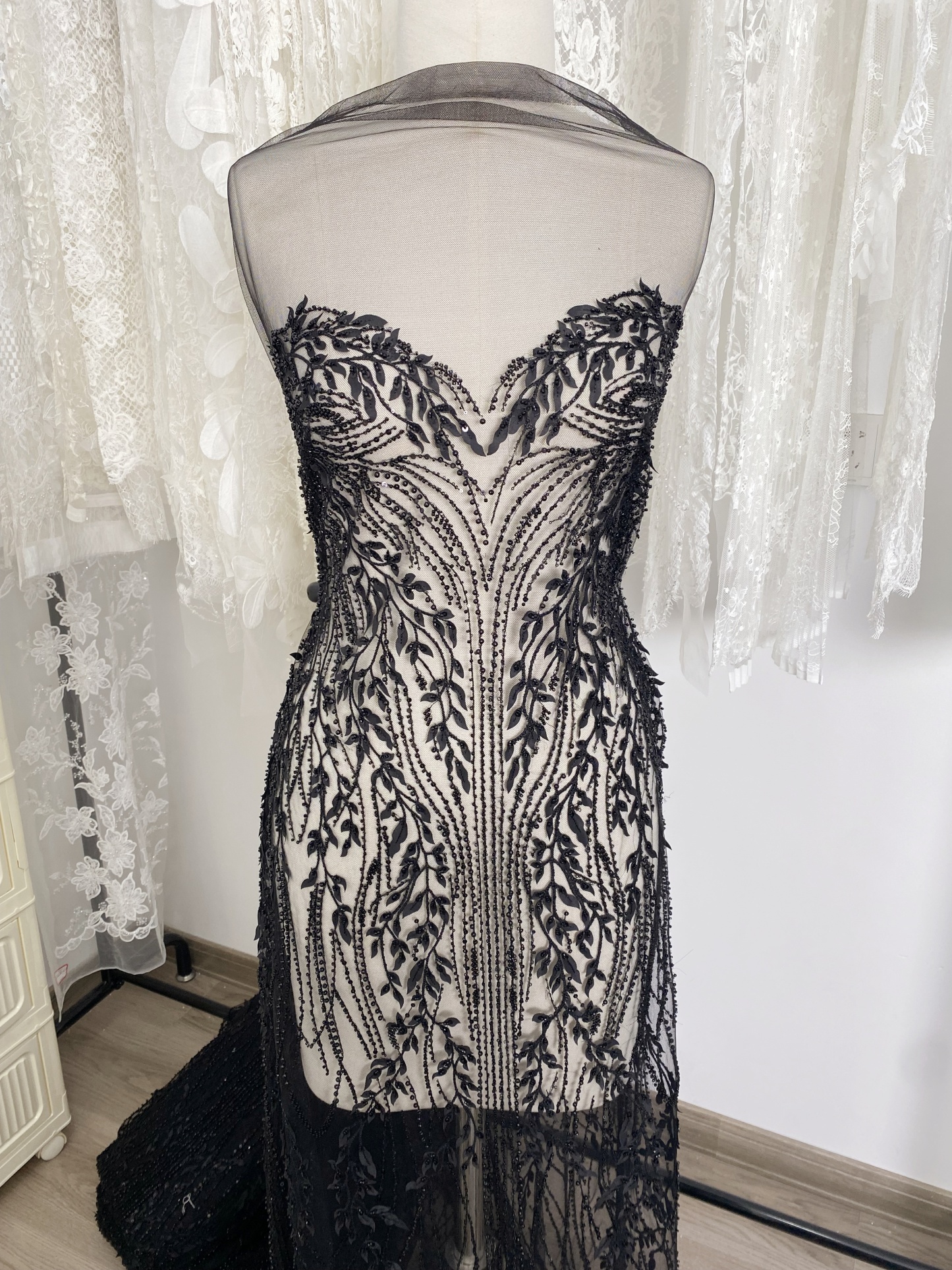 Black Leaf Lace Fabric, Soft Beaded Floral Embroidery with 3D Leaves on Mesh for Gowns, Veils, Evening Dresses, Couture DIY