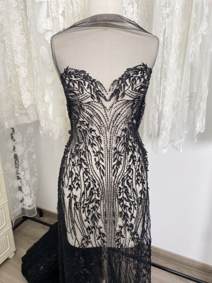 Black Leaf Lace Fabric, Soft Beaded Floral Embroidery with 3D Leaves on Mesh for Gowns, Veils, Evening Dresses, Couture DIY