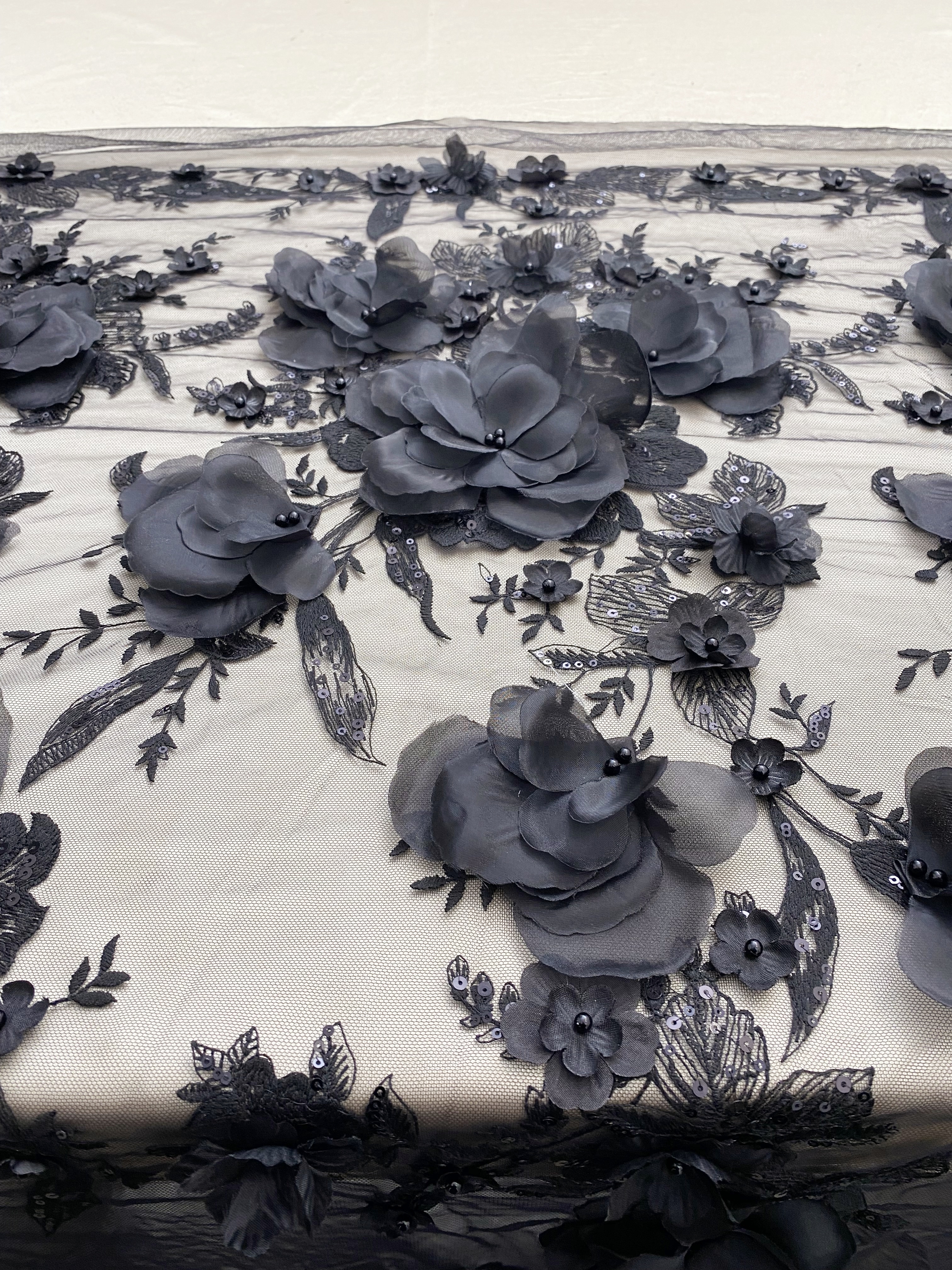 Black 3D Floral Embroidery Lace Fabric With Pearls, Soft Tulle lace For Wedding gown, Evening Dresses, Prom-Dress By The Yard